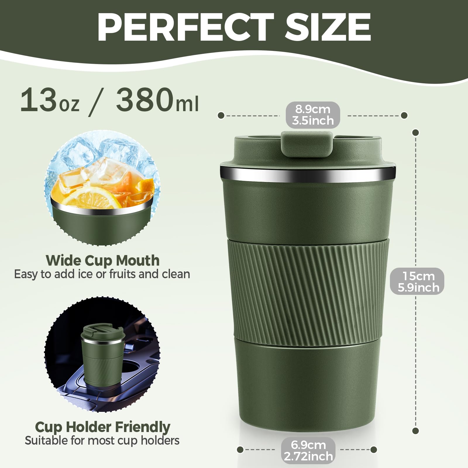 Volhoply 380ml 13oz Stainless Steel Insulated Travel Coffee Mug with Fip Lid,Reusable Double Wall Vacuum Metal Coffee Cup,Portable to Go Leak Proof Cafe Tumbler for Hot & Cold Drinks(Army Green,1) - Image 2
