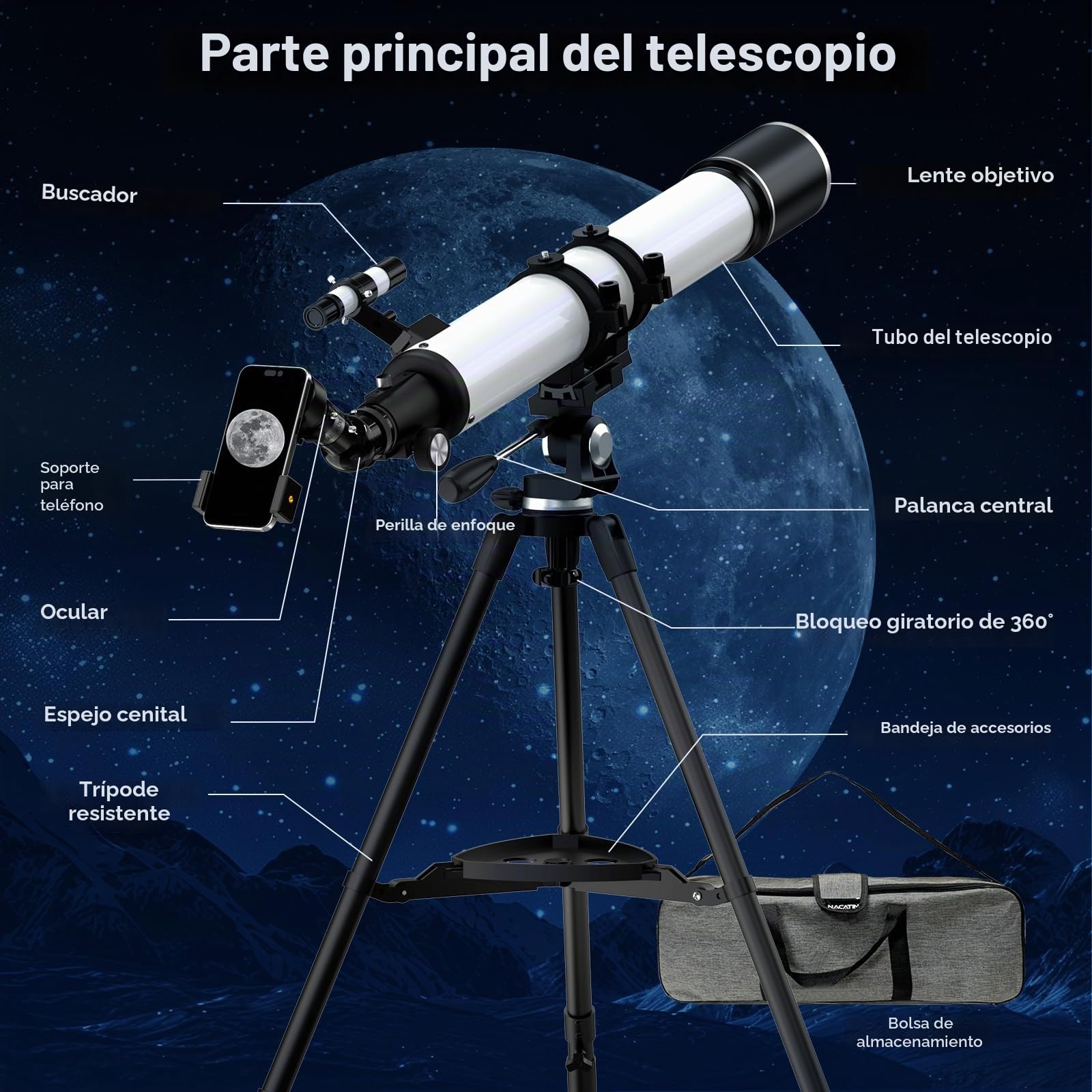 Telescopio, 90 mm Apertura 900 mm Telescopio Astronómico Profesional para Adultos Principiantes, Telescopio Refractor Portátil con Trípode,Teléfono Adaptador, Bolsa (Blanco)