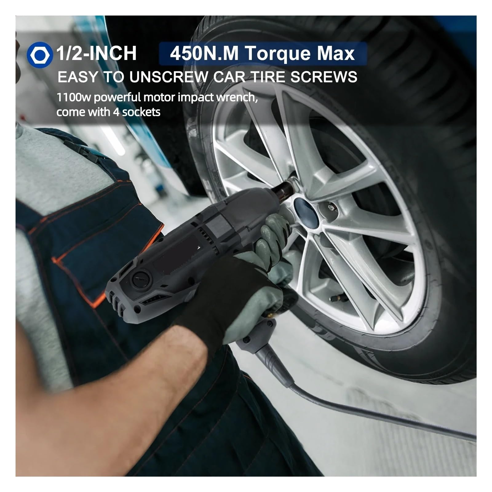 Elektryczny Klucz Udarowy 1/2 Cala 1100 W 450N.m 230 V Klucz Pneumatyczny Opona Usuń Narzędzie Do Naprawy Samochodów 4 Gniazda 3400 Obr./min Prędkość Wysoki Moment Obrotowy