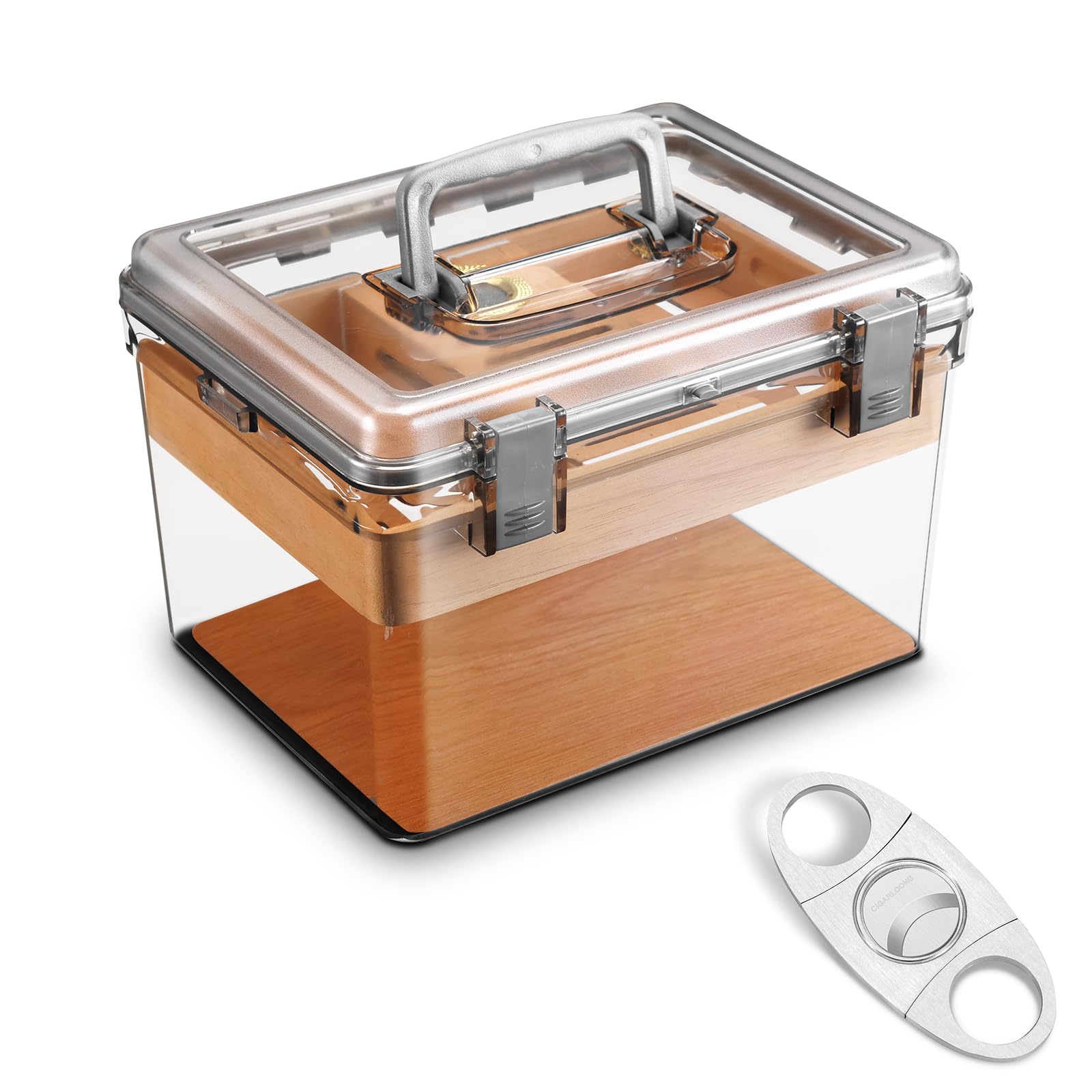 CIGARLOONG Acrylic Cigar Humidor with Hygrometer&Humidifier&Cedar Wood Tray,Modern Airtight Transparent Cigar Box with Handle,Gifts for Men (Small)