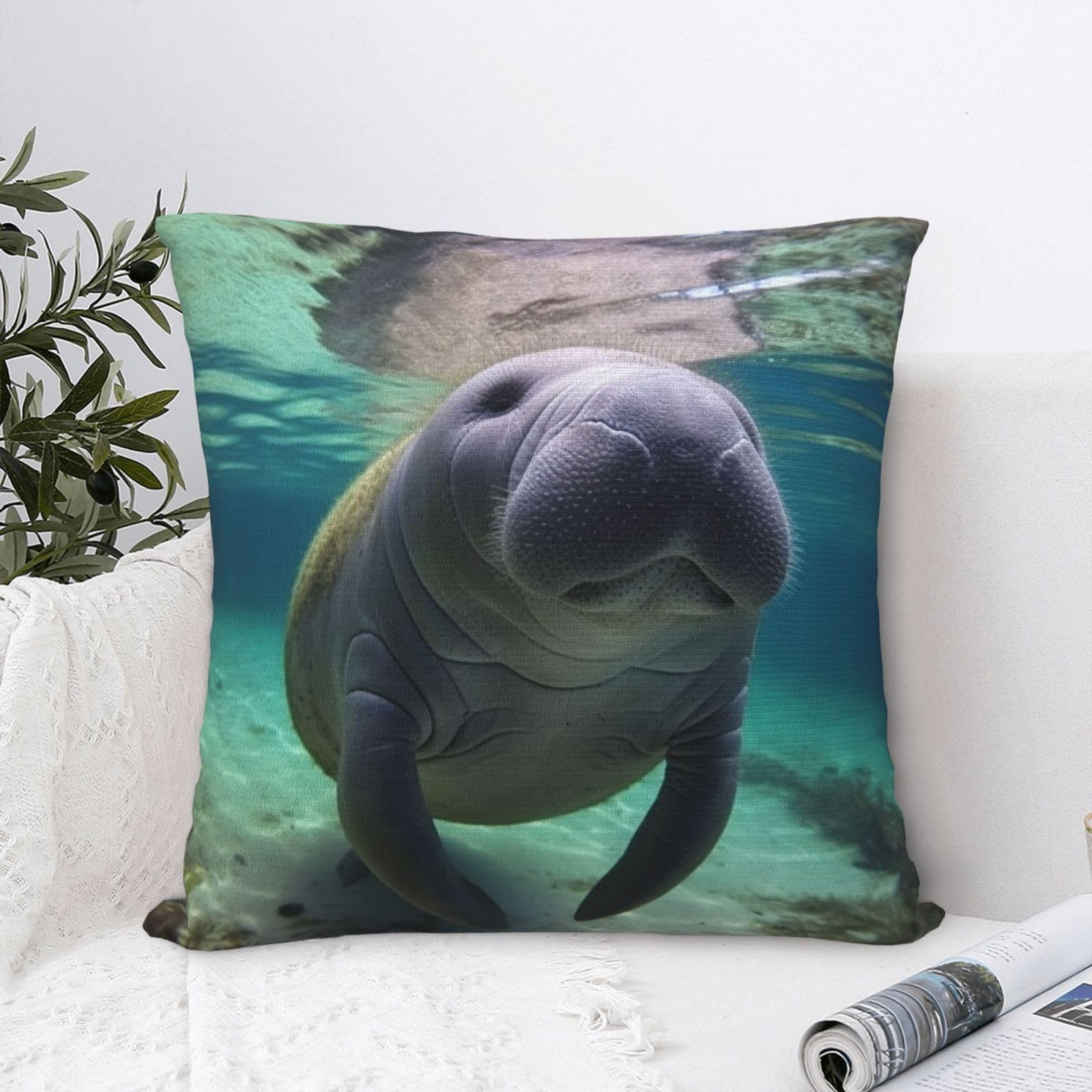 FodPand Luxury Velvet Throw Pillow Covers 20"x20" Super Soft Decorative Pillow Cases - Cute Sea Animal Manatee Pillowcases Modern Lumbar Cushion Cases for Couch Sofa Bed Pillow Shams