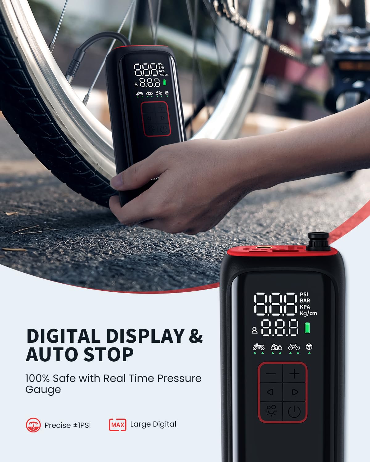 LASFIT AIR BM1 Bike Pump [20s Fast Pump] Auto Shut-Off 150 PSI High Pressure Portable Tire Pump with Presta Schrader Dunlop Valve for Bike Motorcycle