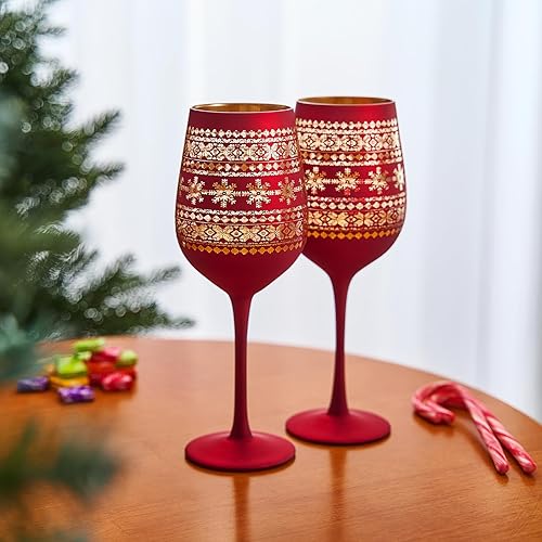 Miniatura 9 de Copas de vino de Navidad con tallo de cristal, juego de 2 unidades, con temática vibrante roja y dorada grabada en el país de las maravillas de