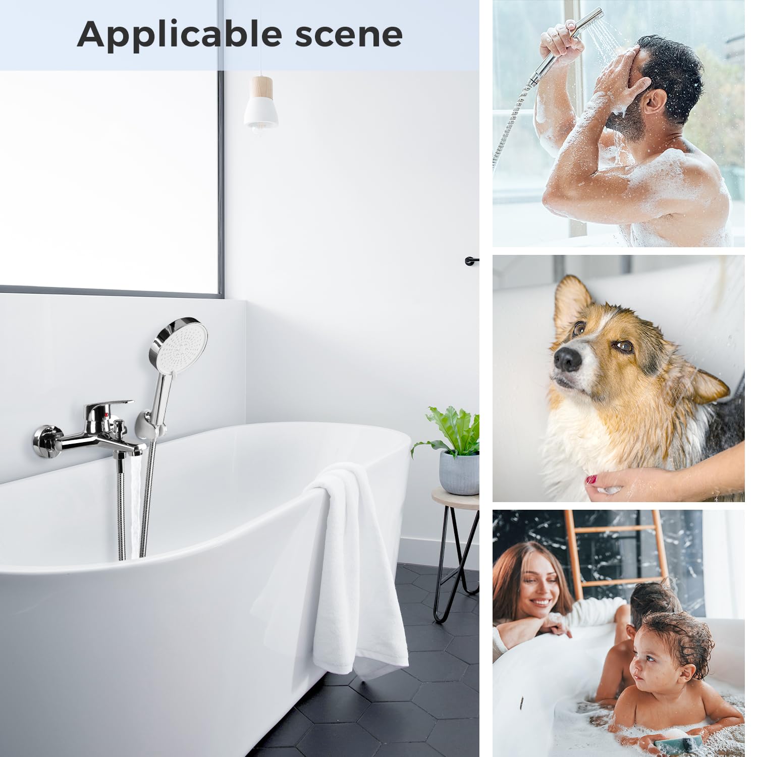 Rubinetto da Bagno a Parete con 5 Modalità Doccetta, Miscelatore Vasca in Ottone Solido, Facile Installazione Per Vasca e Doccia (Argento)