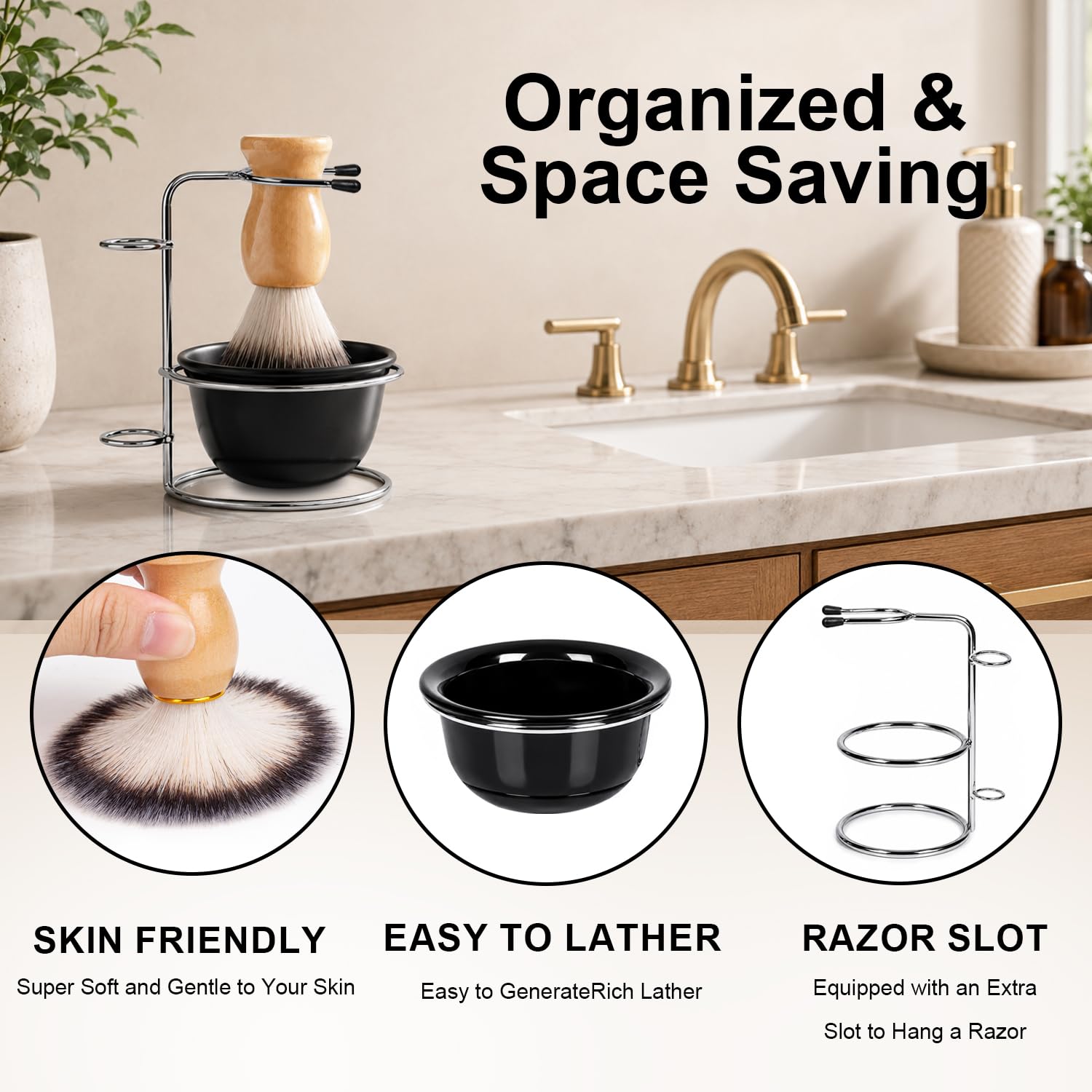 Men's 3 in 1 Shaving Brush Set, Nylon Brush with Stand & Bowl, Wet Shave Kit for Father's Day Gift | Soft nylon creates creamy lather fast; rust-proof stand & shatterproof bowl; great gift for dad, husband, or boyfriend