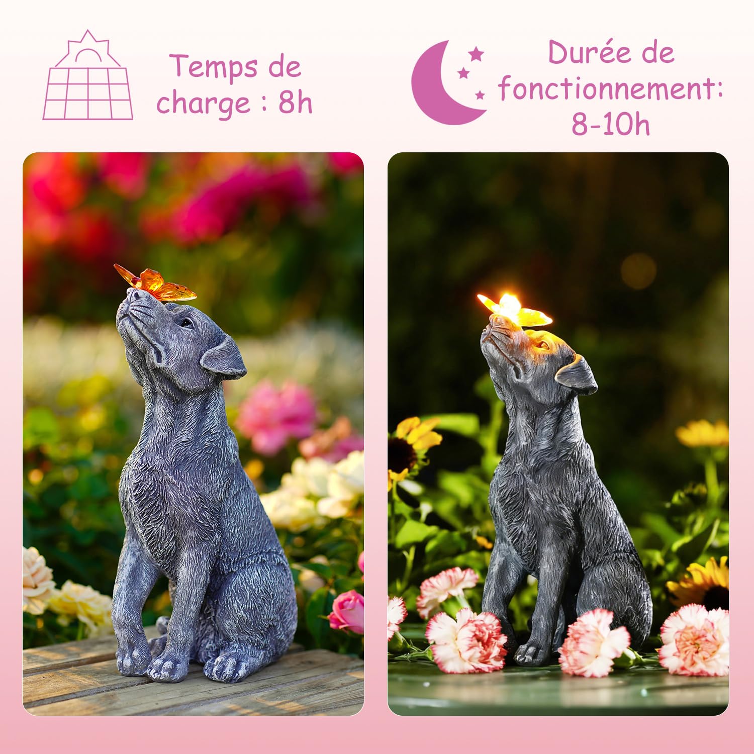 Yeomoo Figurines de chien avec papillon Décoration solaire extérieure : chiens drôles Décoration de jardin cadeau pour femmes et hommes, notamment maman, anniversaire étanche