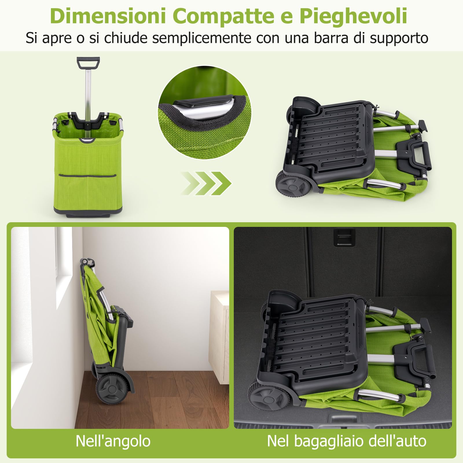 COSTWAY Carrello Spesa Pieghevole in Alluminio, Trolley Spesa con Ruote, Tasche Multiple e Manico Telescopico Regolabile, Capacità 50L, Caricabile fino a 35 kg (Verde)