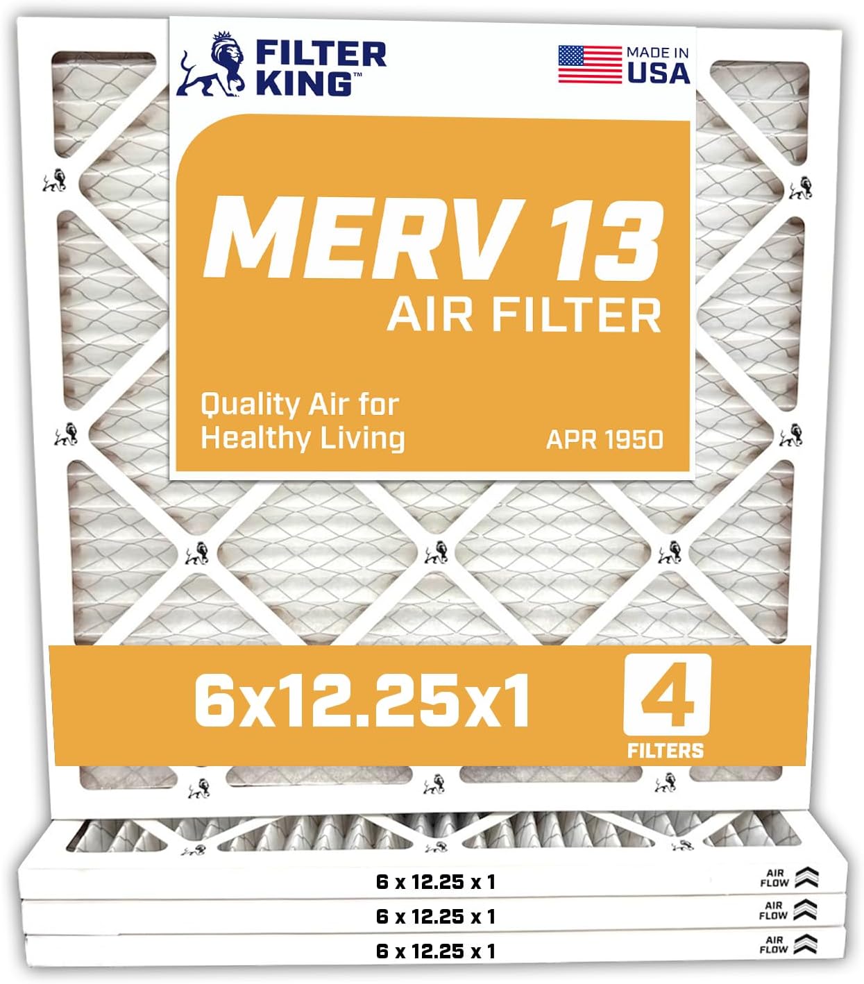 Filter King 6x12.25x1 Air Filter | 4-PACK | MERV 13 HVAC Pleated A/C Furnace Filters | MADE IN USA | Actual Size: 06 x 12.25 x .75"