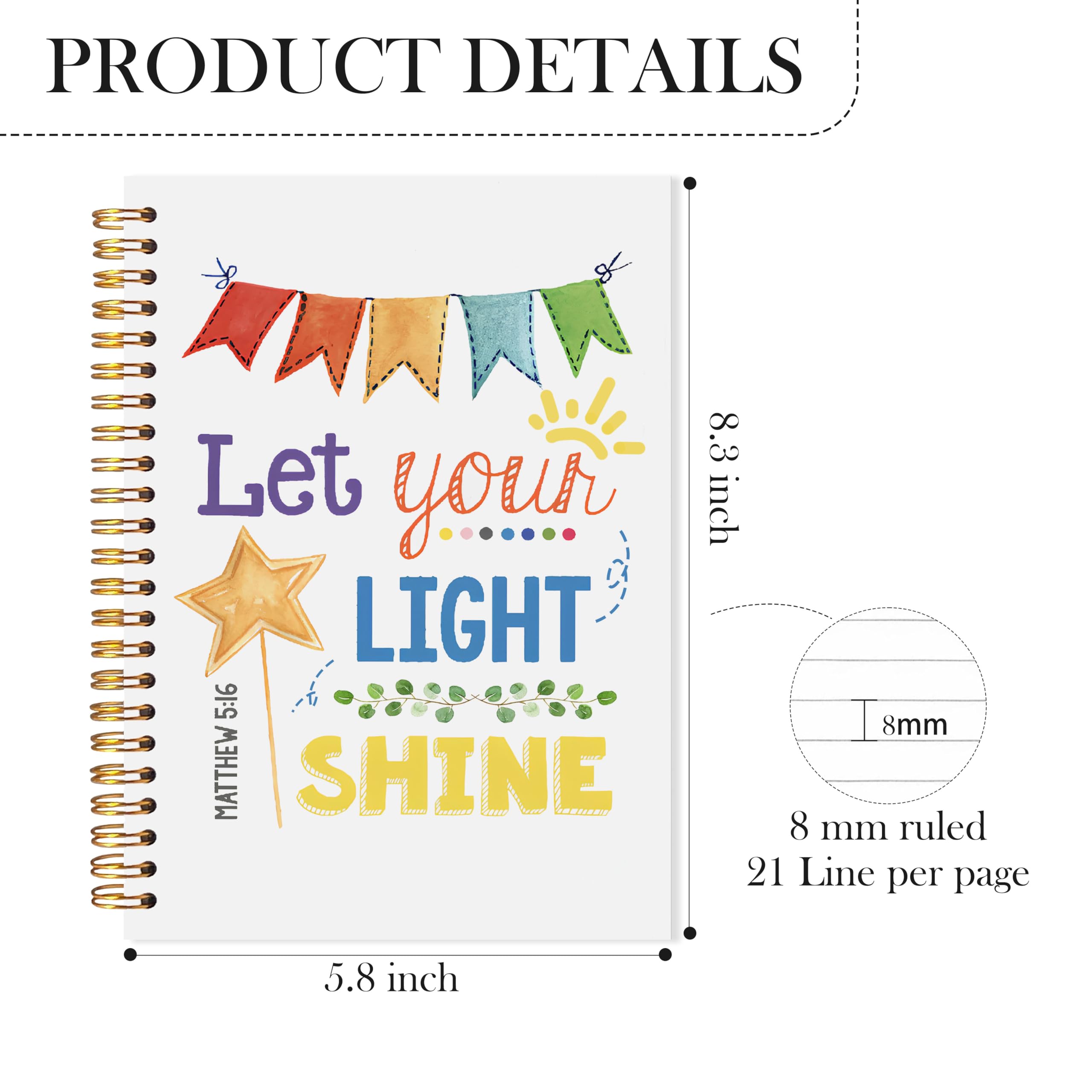 Inspirujący notatnik chrześcijański, prezenty chrześcijańskie dla dzieci, dziennik afirmacyjny dla dzieci, Let Your Light Shine, motywacyjny notatnik spiralny do szkoły niedzielnej, materiały