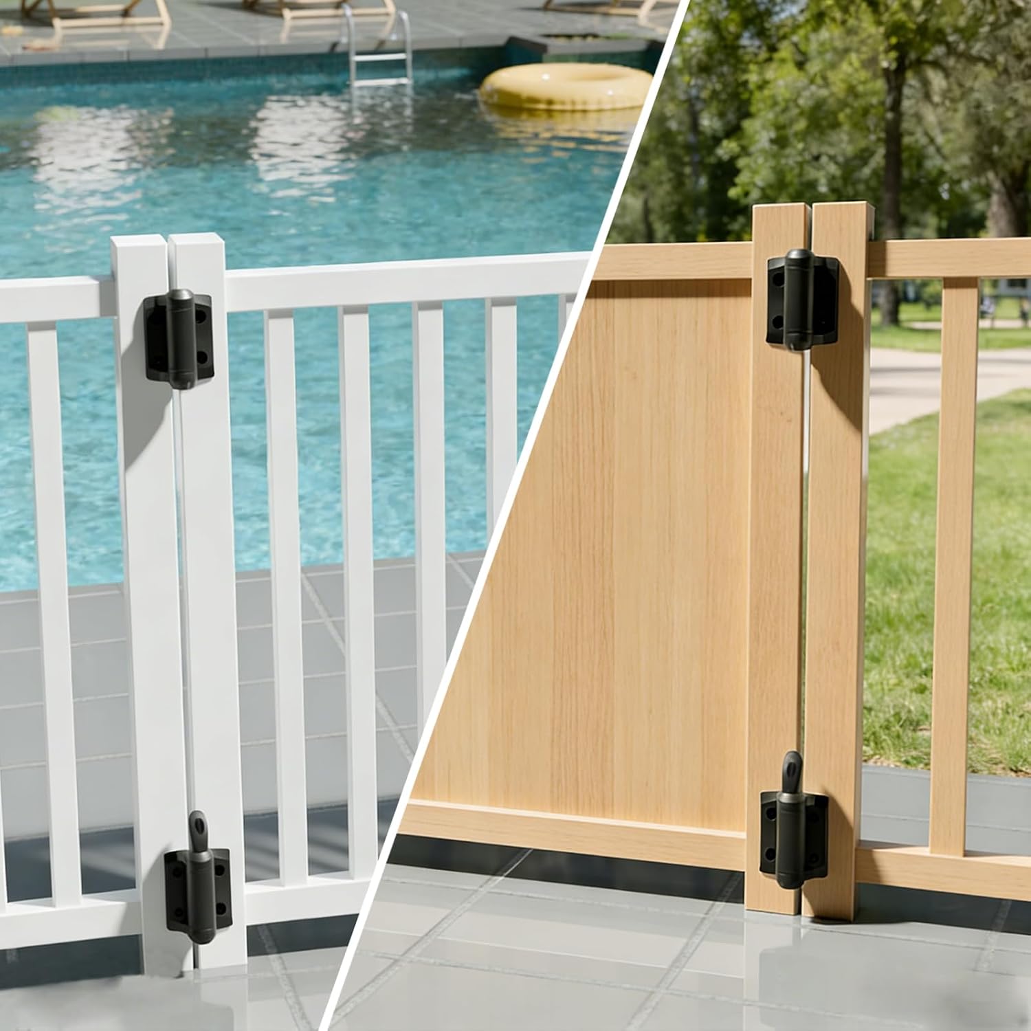 Heavy Duty Self Closing Gate Hinges, Pool Gate Hinges with Safety Cap Weatherproof & Rust-Resistant, Adjustable Tension Fence Hinges Kit for Outdoor Wooden Vinyl Metal Gates