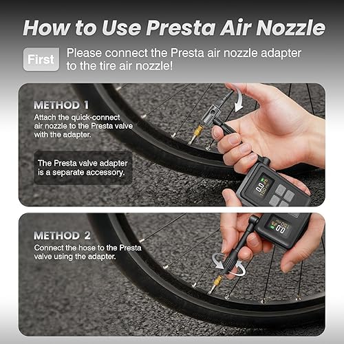 Miniatura 7 de Mini bomba de bicicleta con manómetro, bomba eléctrica de bicicleta máxima de 150 PSI con válvula Presta y Schrader, 4 veces más rápida, parada