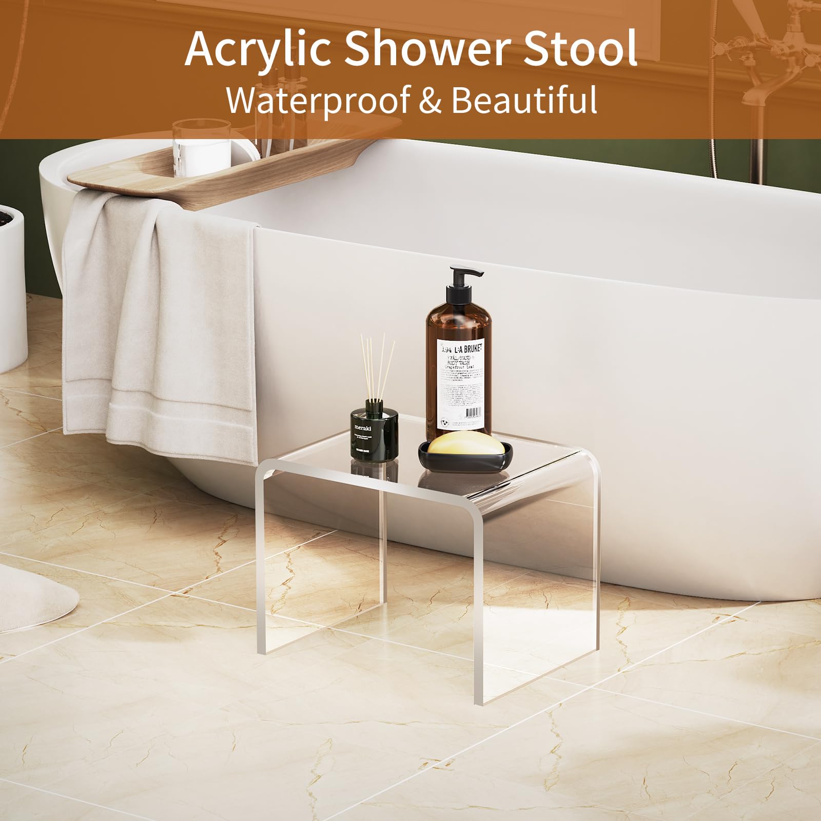 Acryl-Tritthocker, Kleiner transparenter Fußhocker für Badezimmer, Schlafzimmer, Küche, belastbar bis 113 kg, rutschfeste Matte gratis, Maße (32 x 24 x 24 cm) (transparent, 32×24cm×24cm)