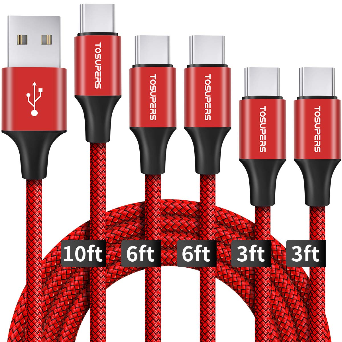 TOSUPERS USB C Cable Fast Charging, 5-Pack 10/6.6/6.6/3/3 ft Braided USB A to C Type Charger Cord Compatible with Galaxy A10e A51 A71 S20 S10 S9 Note 9 10 Plus S20 FE 5G