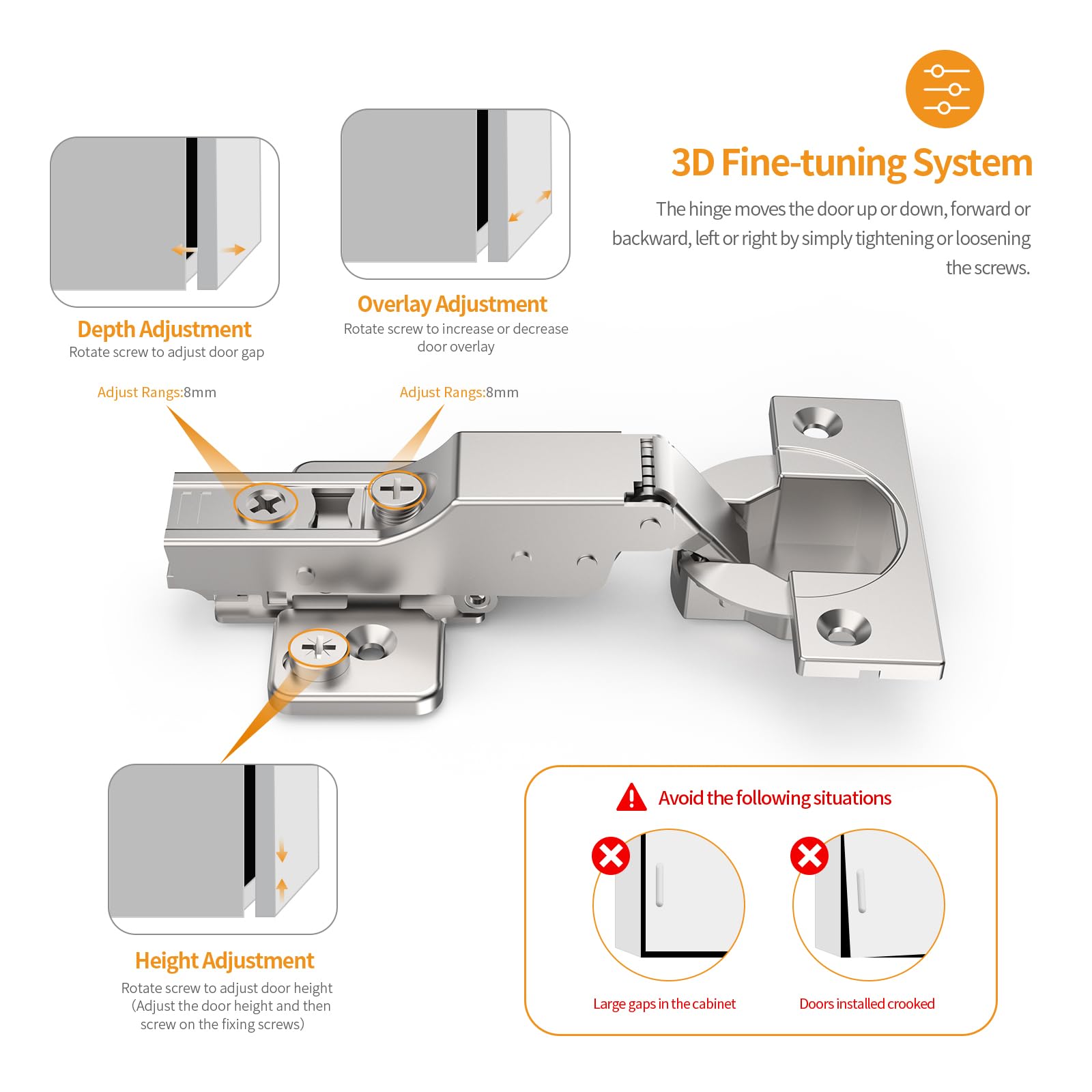 Chibery 10 Stück rahmenlose halb-Overlay-Scharniere, sanft schließend, satiniertes Nickel, selbstschließend, 105° offener Winkel, 3D-Einstellung, Stopp 85 & 105 Grad, Clip-On, Edelstahl für Schranktür