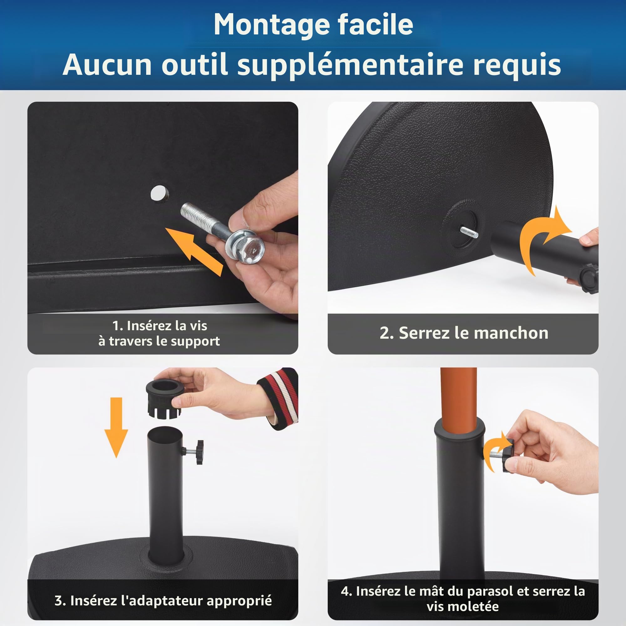 paramondo Pied de Parasol Semi-Circulaire Socle de Parasol résistant aux intempéries Épaisseur de mât 35-50 mm, Adaptateur Inclus, Pied de Balcon 9 kg, Noir