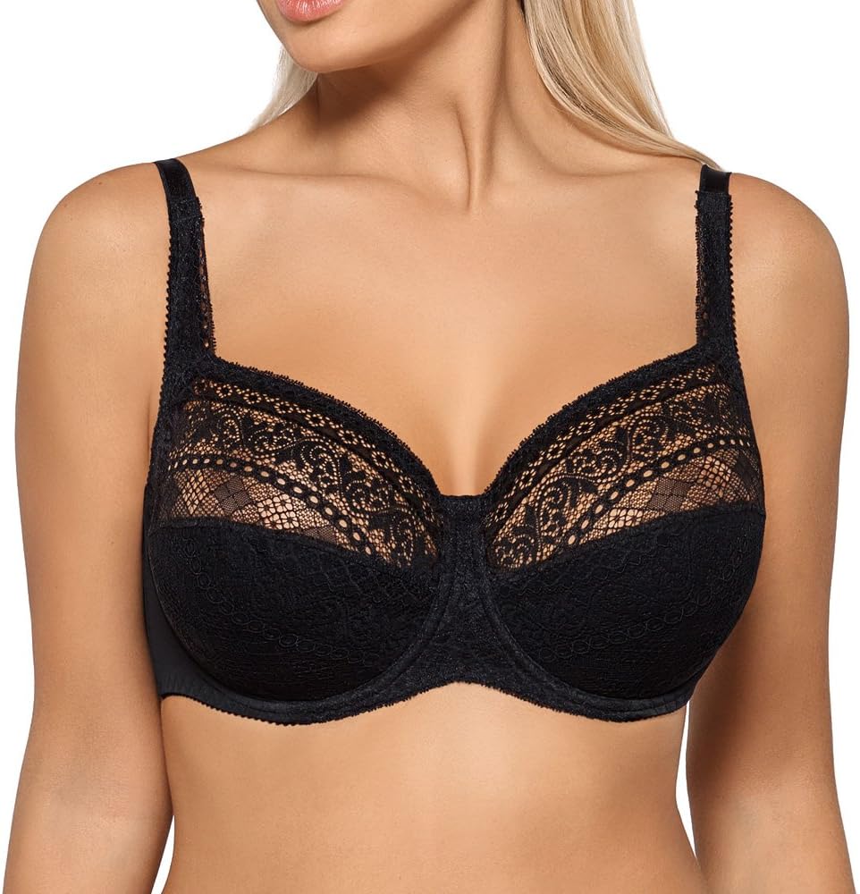 Gaia 60 classic comfortable semi padded bra with openwork lace - big cup- made in EU , Size 34E, Black