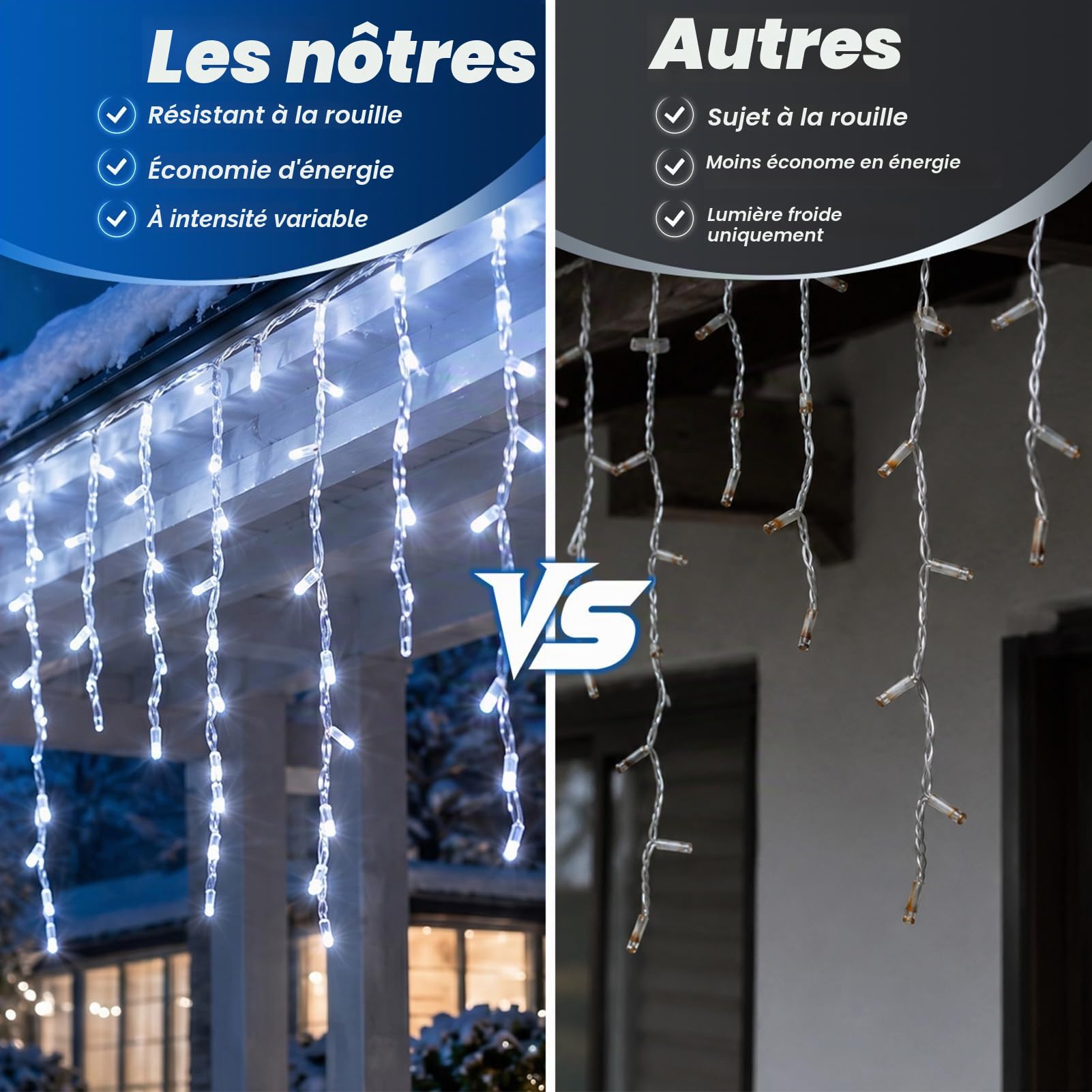 PEMOTech – Guirlande lumineuse de Noël en forme de stalactite pour l'extérieur, 423 LED, 10 m/33 pi, lumières de fée blanc froid, IP65 étanche et résistante à la poussière, 8 modes et télécommande