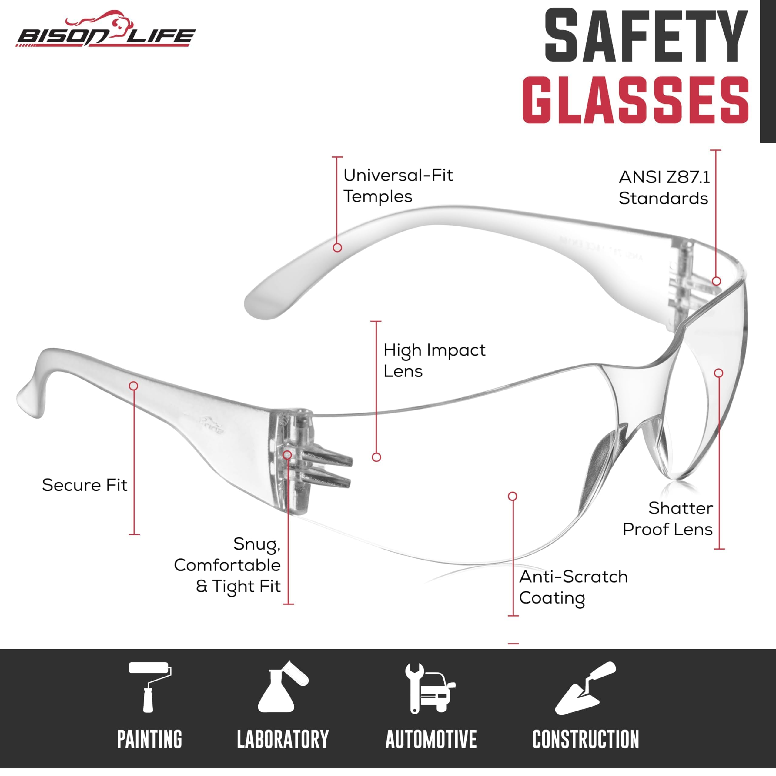 BISON LIFE Clear Safety Glasses for Men & Women, ANSI Z87.1 Certified, 6 Pk — Amazon image 5