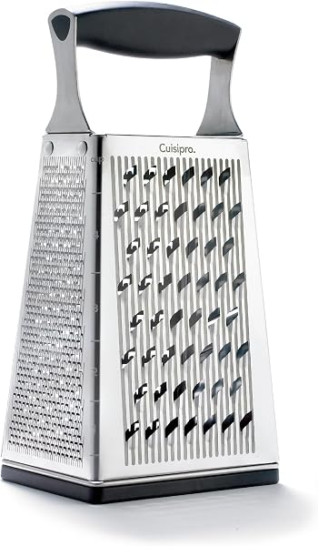 Cuisipro Stainless Steel Cheese Grater with Handle, 4 Sided Box Grater for Kitchen, Ginger Grater Dishwasher Safe, Fruit