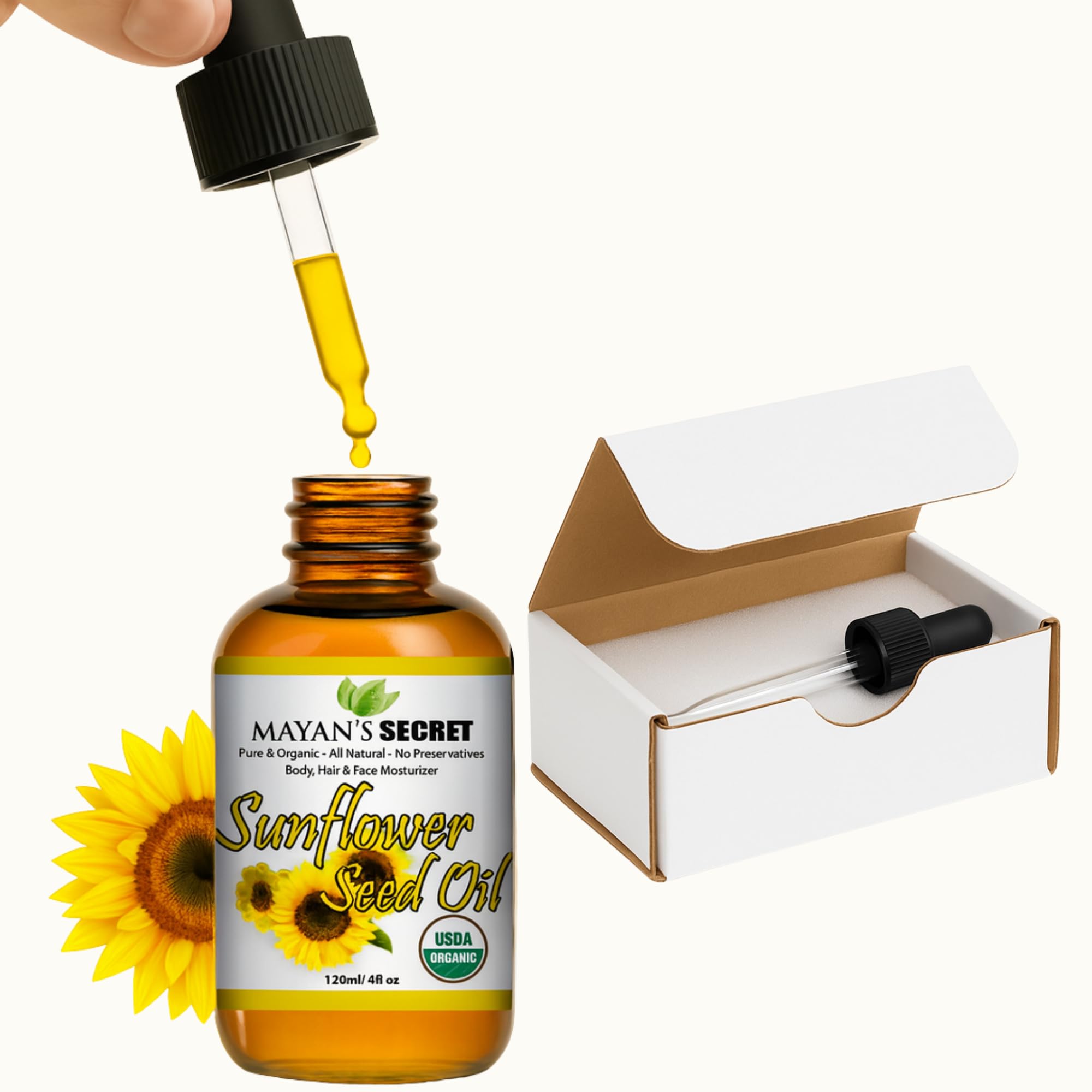 Mayan's Secret Sunflower Seed Oil - 4oz Size | All Natural Cold Pressed USDA Certified Organic - High oleic| Daily or Nighttime Regimen Large 4oz Amber Glass Bottle & Glass Dropper.