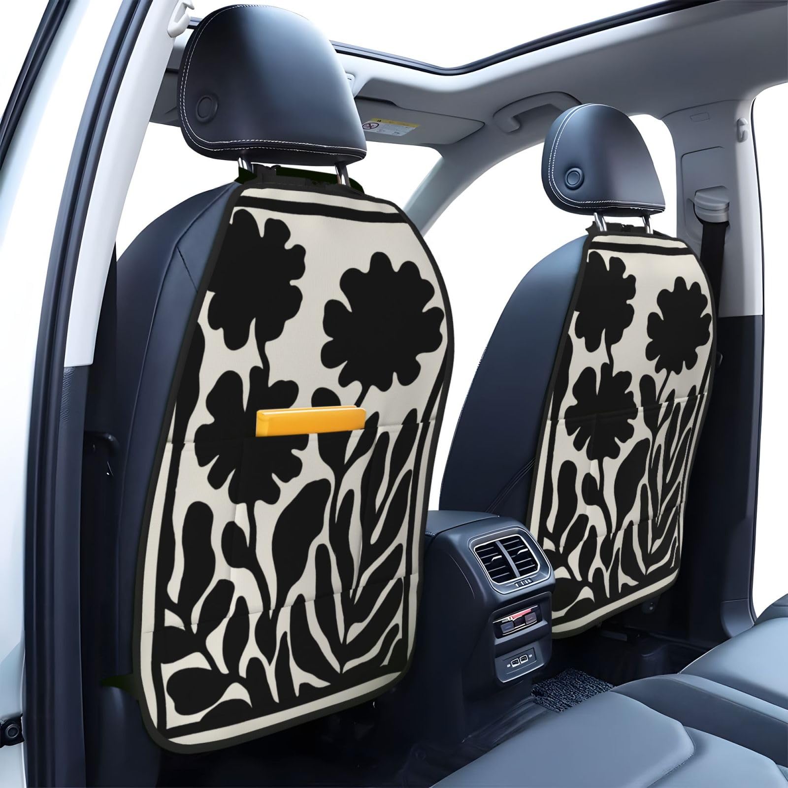 Simple Flowers and Leaves Vintage Boho Car Seat Back Kick Protectors,2 Pack Kick Mats with Storage Pockets for Vehicles to Protect from Dirt Mud Scratches