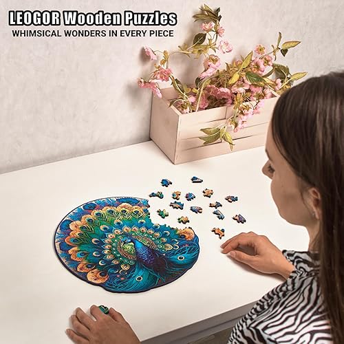 Miniatura 3 de LEOGOR Rompecabezas de madera para adultos  Pavo real  (200 piezas, 12 x 12 pulgadas)  Mandala redondo inspirado en la naturaleza  Coloridas formas