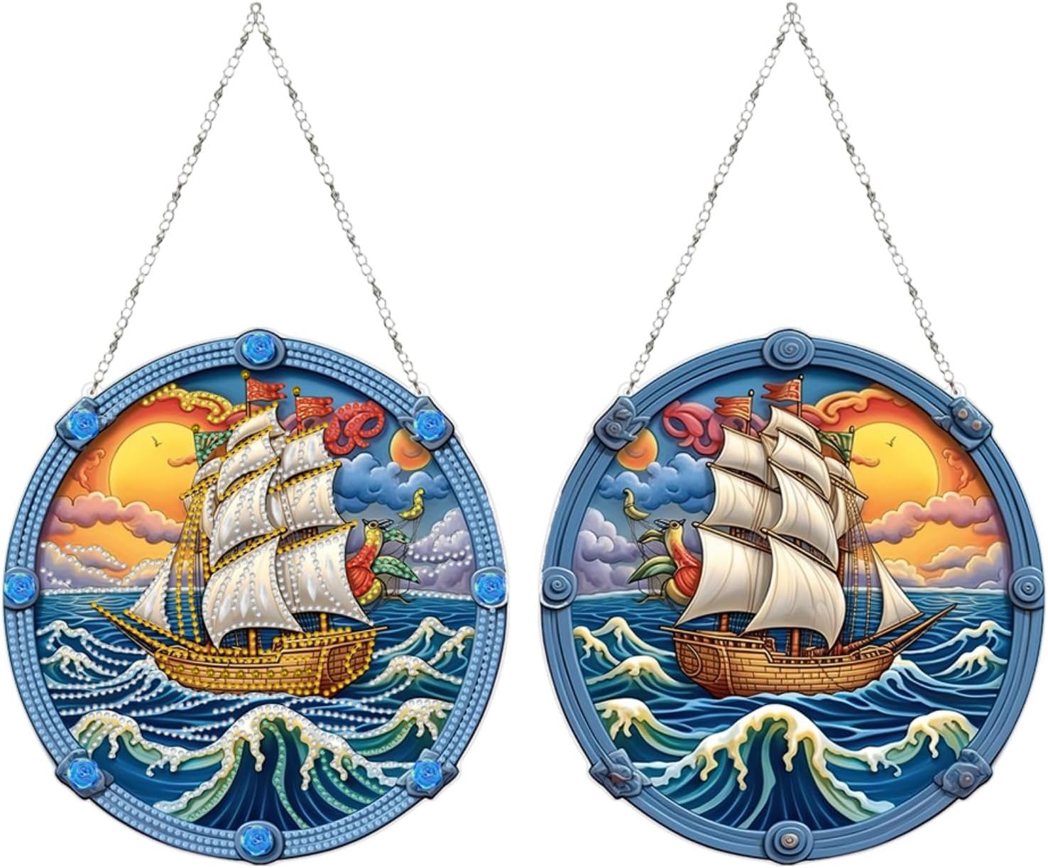 DoxQcs DIY Diamond Pendant Painting Wind Chime, DIY Heart Diamond Art Kits, Home Decoration Wind Chime Pendant for Indoor Outdoor (Double-Sided Pattern Single-Sided Diamond)-#15-4PC Sailboat