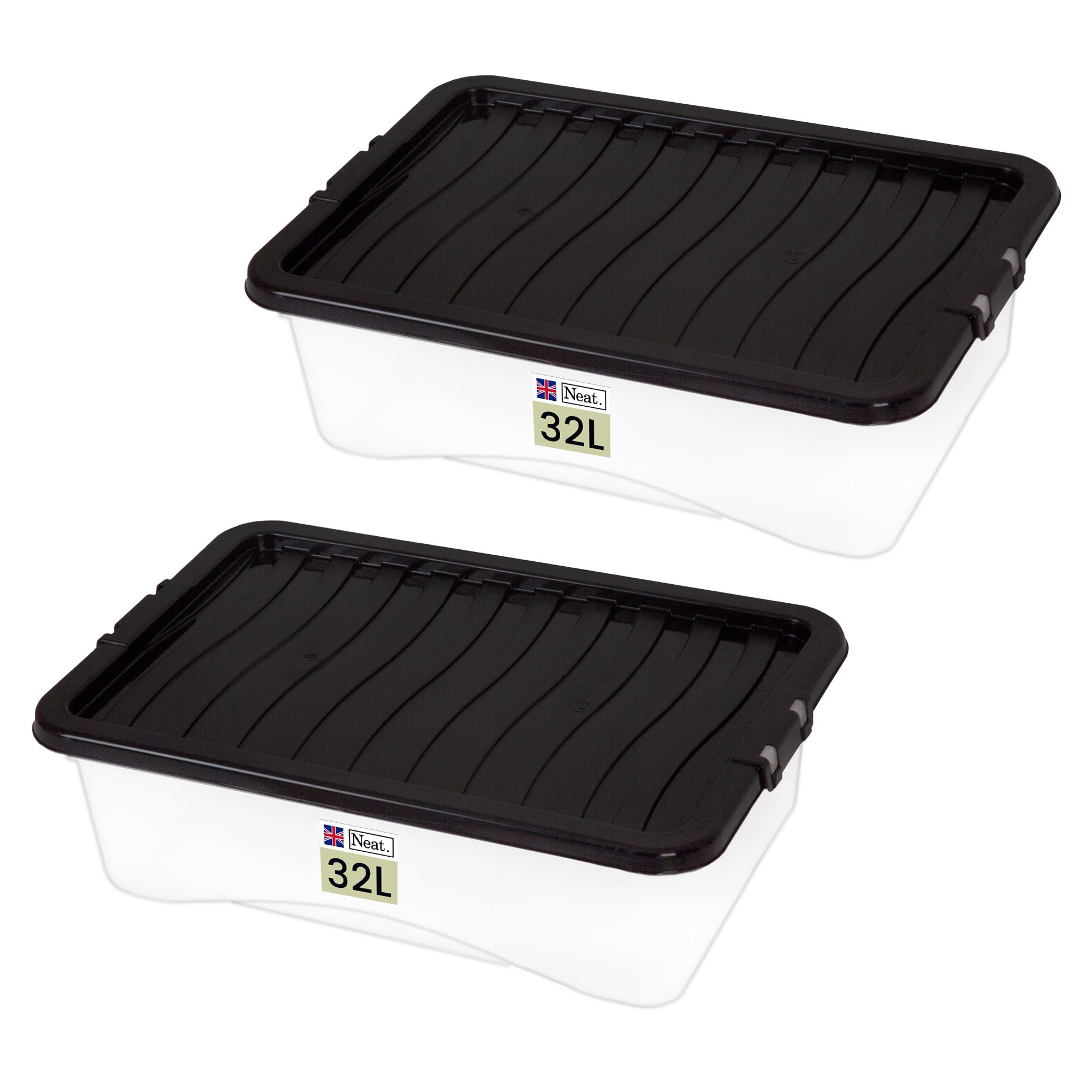 Neat. Plastics 32L Storage Box, Clear Base, Black Lid - Organise Easily with Plastic Storage Box with Lid, Ideal Clear Boxes for Storage, Durable Plastic Boxes with Lids Storage, Pack of 2