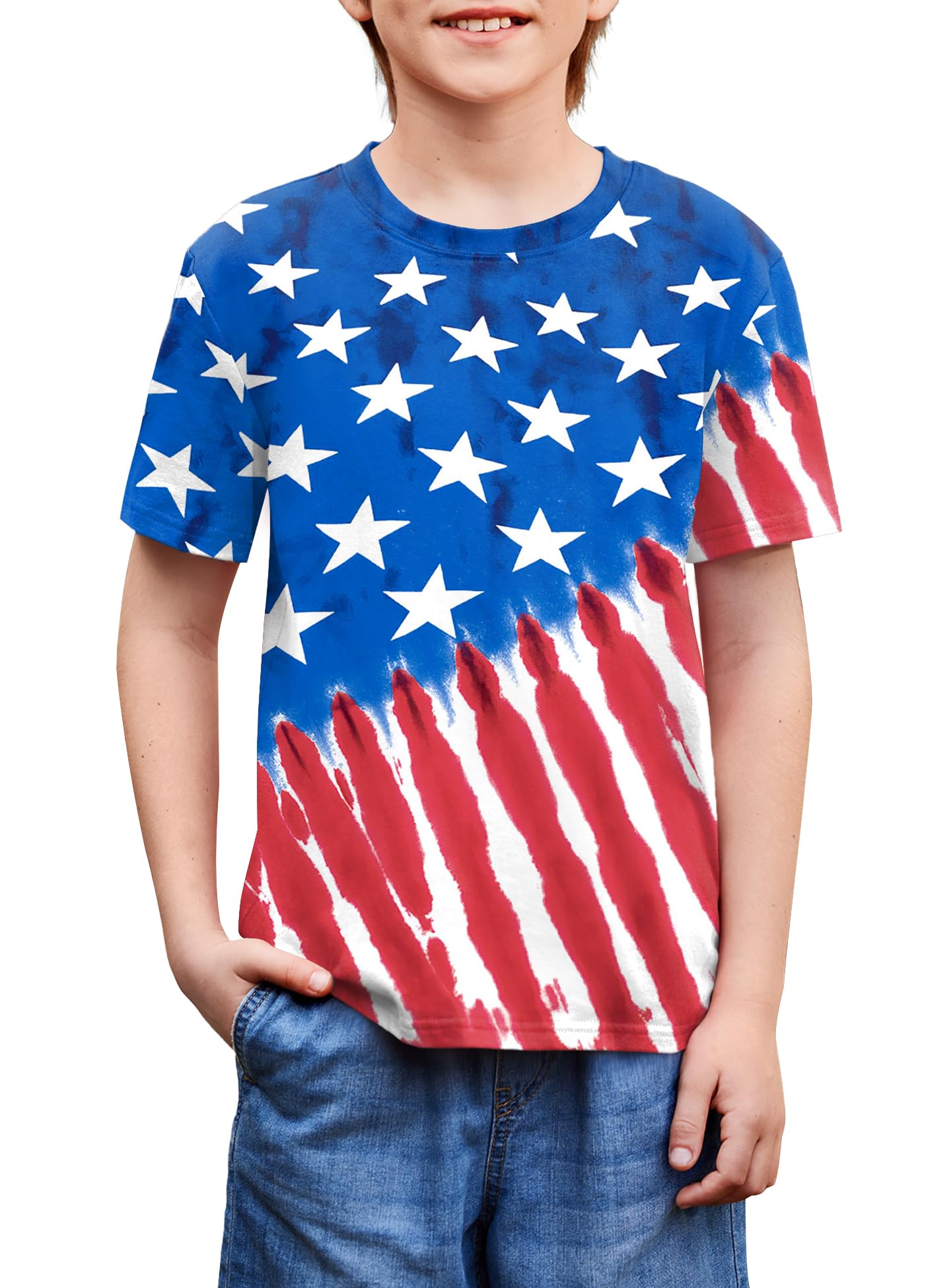 BesserBay Unisex Kids 4th of July American Flag Tee Tie Dye Patriotic Short Sleeve Shirt 6-14 Years