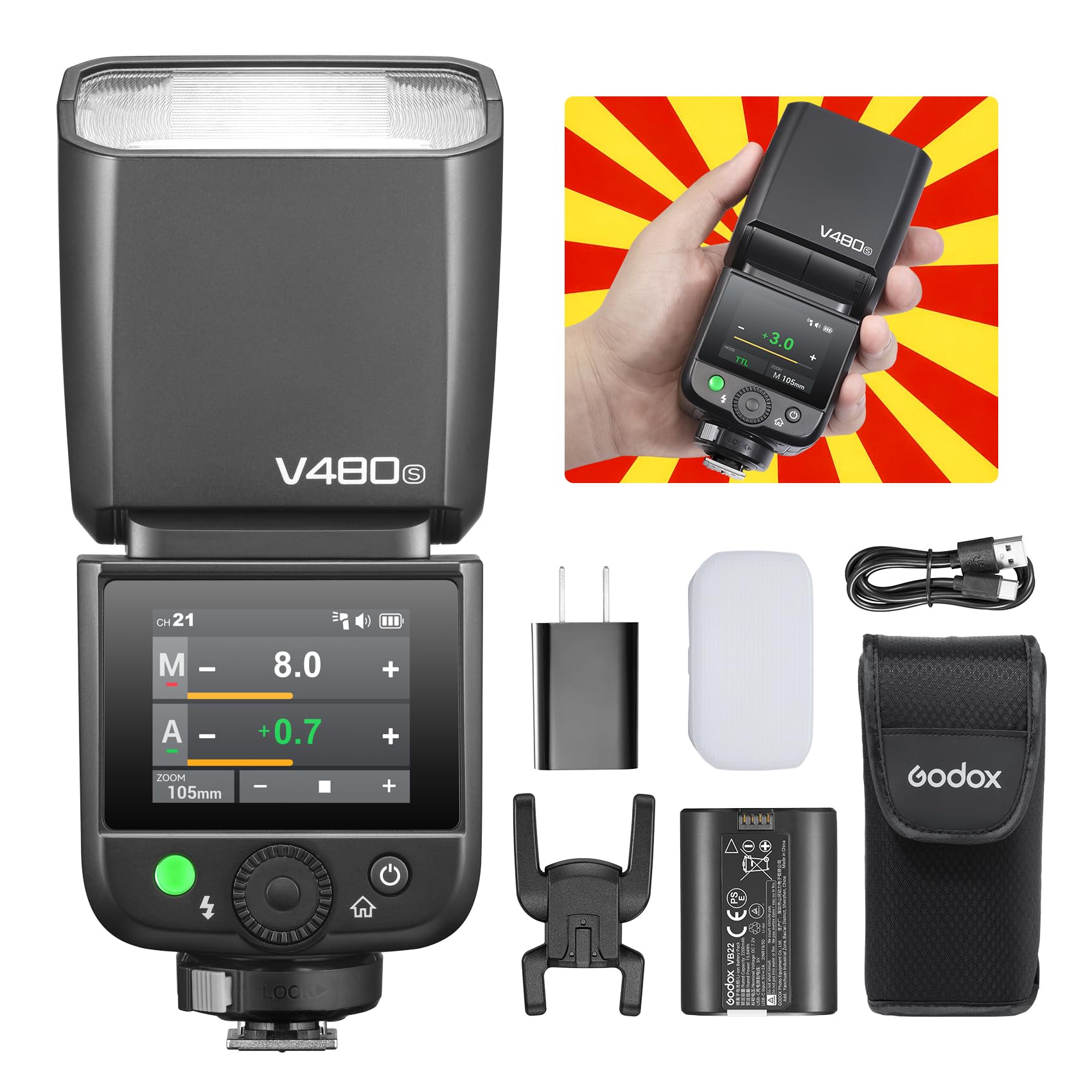 Godox V480-S TTL Li-ion Flash for Sony - GN50 Built-in Wireless Trigger, 2.0" Touchscreen, HSS 1/8000s, 650 Full-Power Flashes, 1.7s Recycle, LED Modeling Lamp for Portrait Product Photography