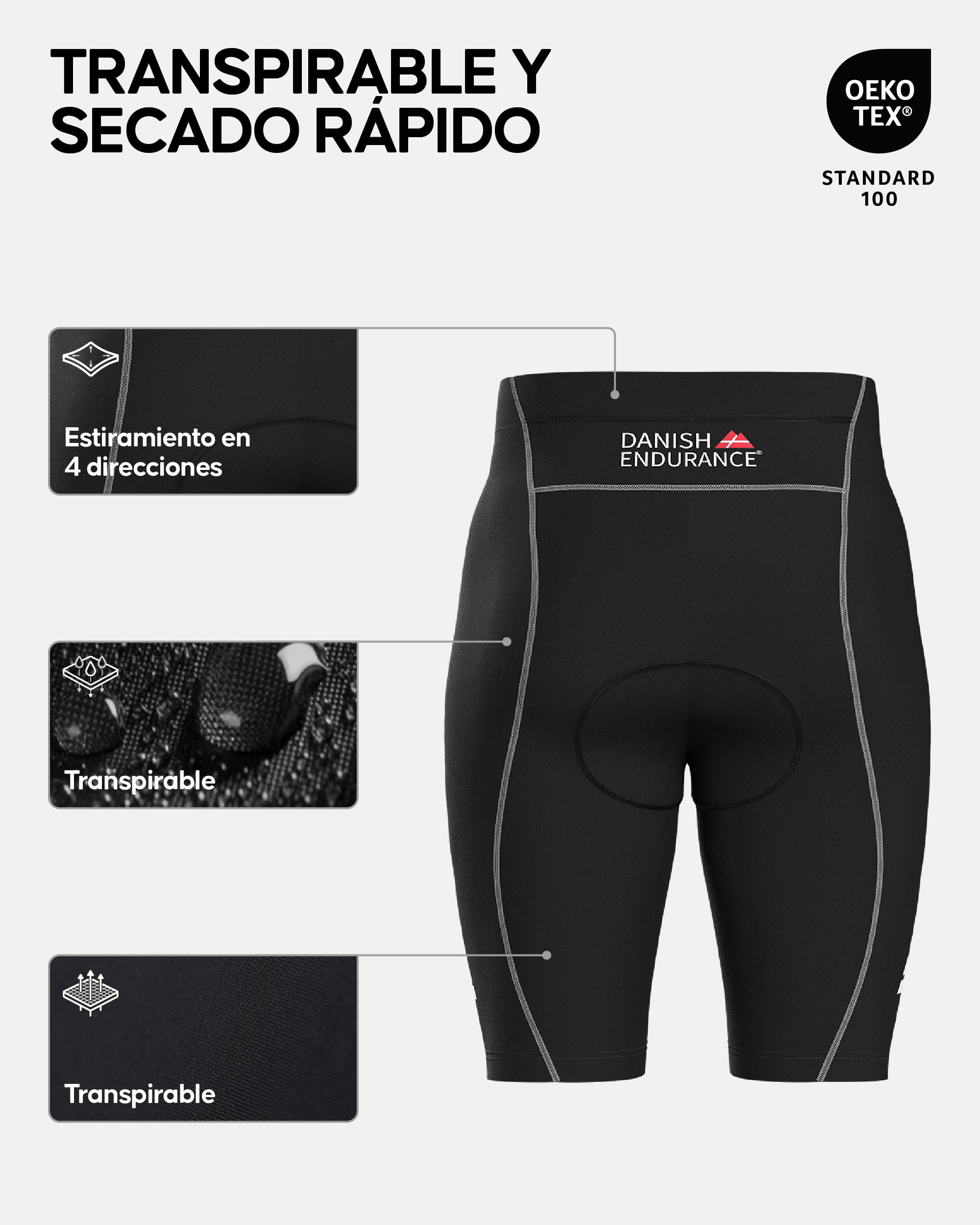 DANISH ENDURANCE Pantalones Cortos de Ciclismo Verano para Hombre, 3D Acolchados, Culotte Ciclismo Hombre, Antideslizantes, Transpirables