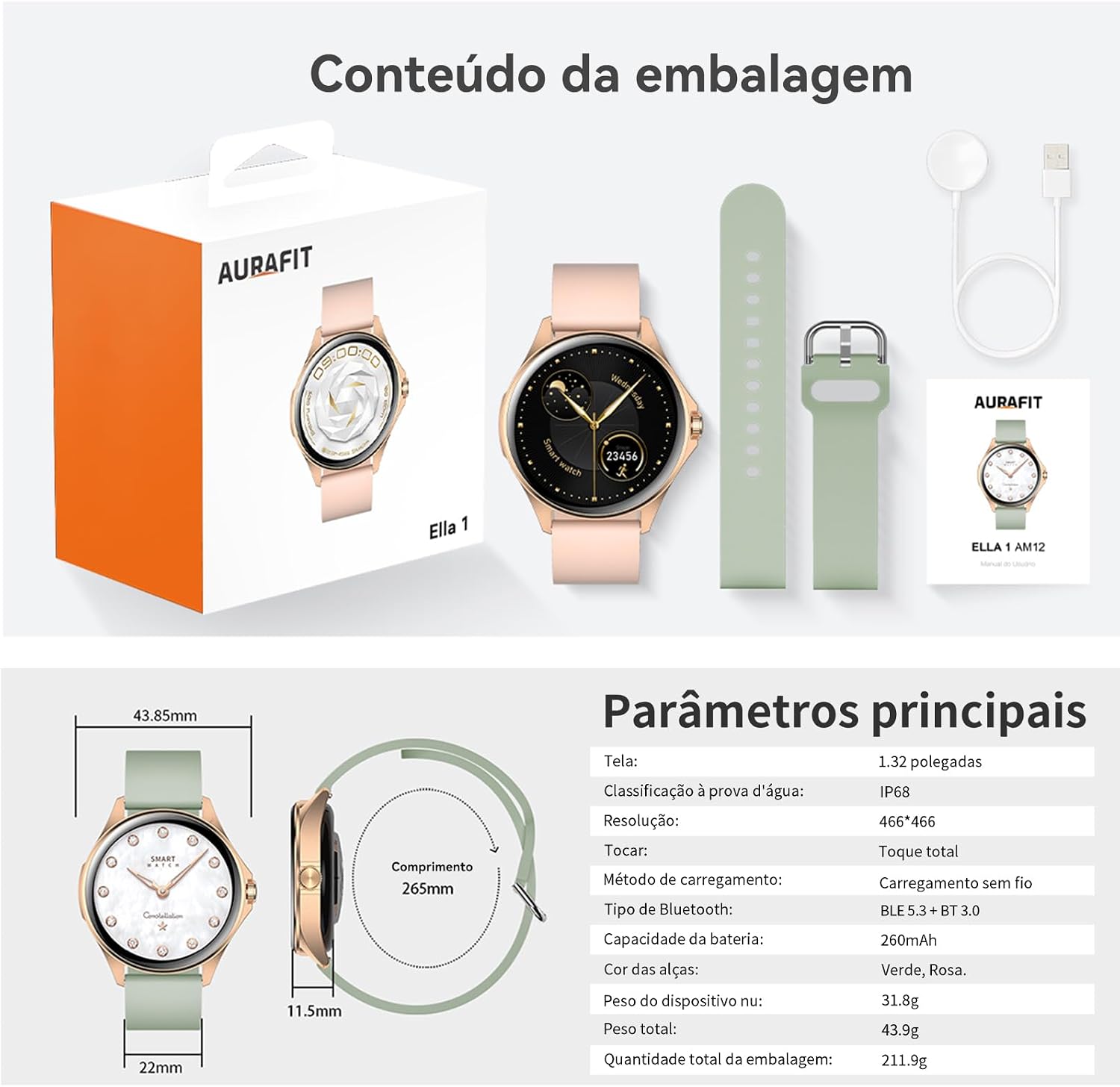 Smartwatch Feminino Relógio Inteligente com IA Chatgpt, 1.32’’ AMOLED,iOS Android, IP68 Água, Frequência Cardíaca, Monitor de Sono, 100 Esportes, 2 Pulseiras