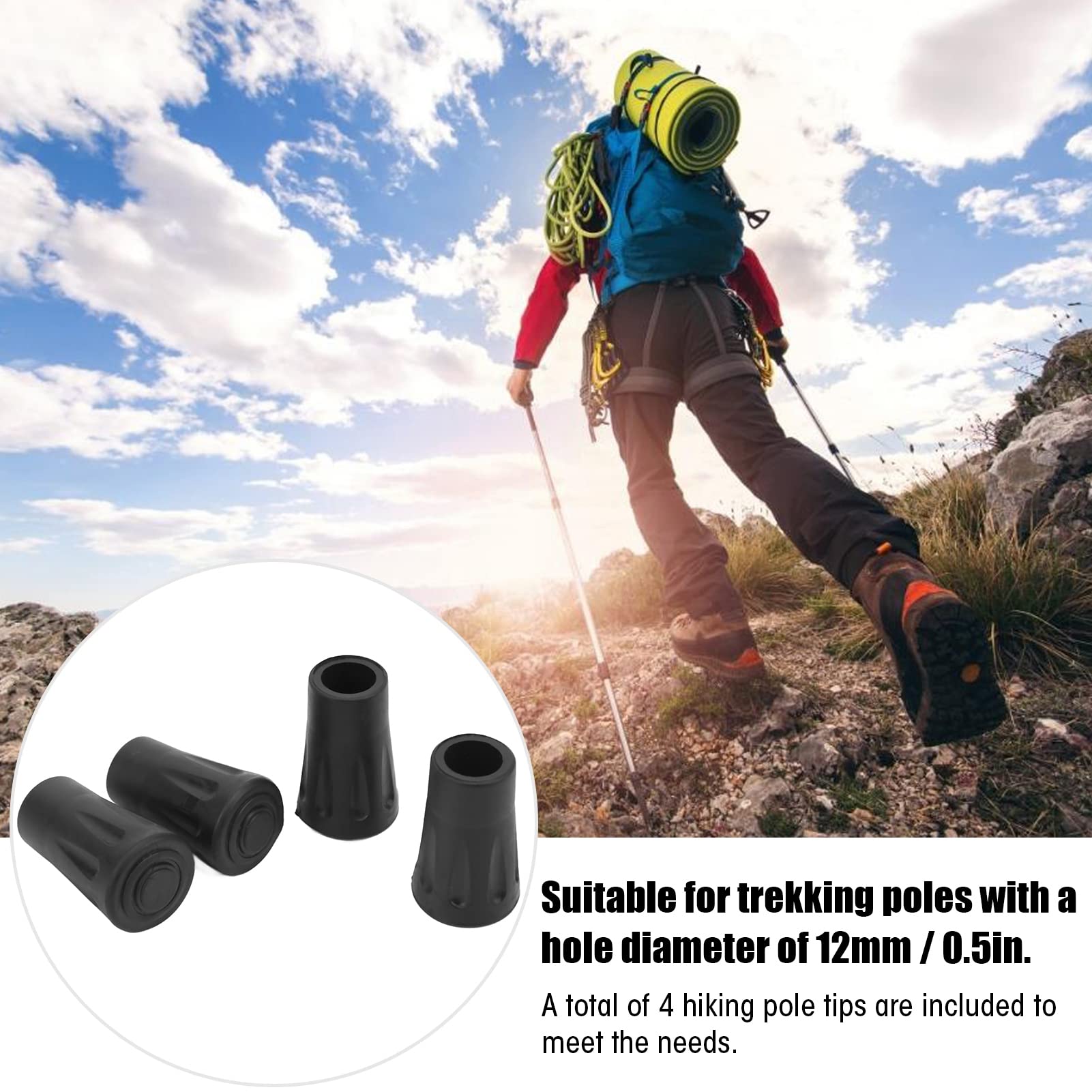 BORDSTRACT Walking Stick Tips, 4pcs Rubber Hiking Pole Tips, 12mm / 0.5in Inner Diameter Trekking Pole Tips Replacement for Hiking Sticks Feet Lost or Worn