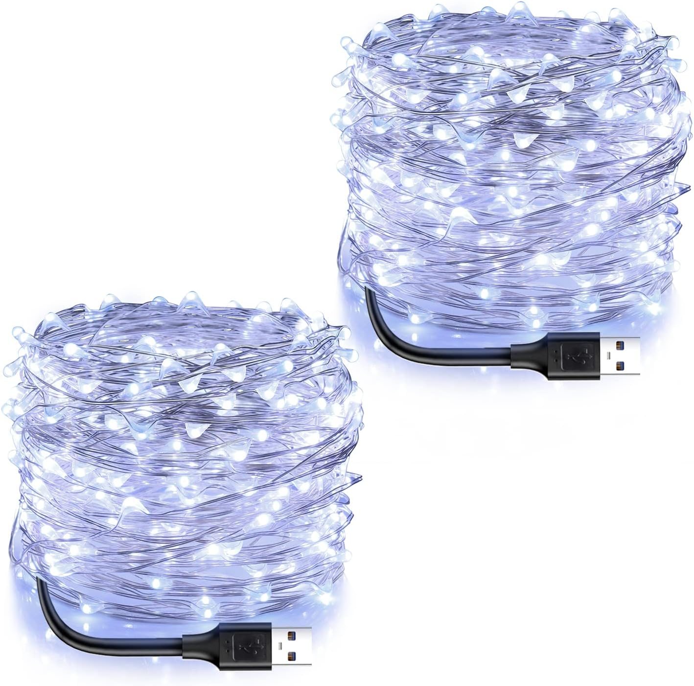 USB Powered Fairy Lights, 2 Pack 33Ft 100 LED, Flexible Silver Wire, Mini String Lights for Christmas Tree/Bedroom/Camping/Dorm Indoor Decoration, Cool White