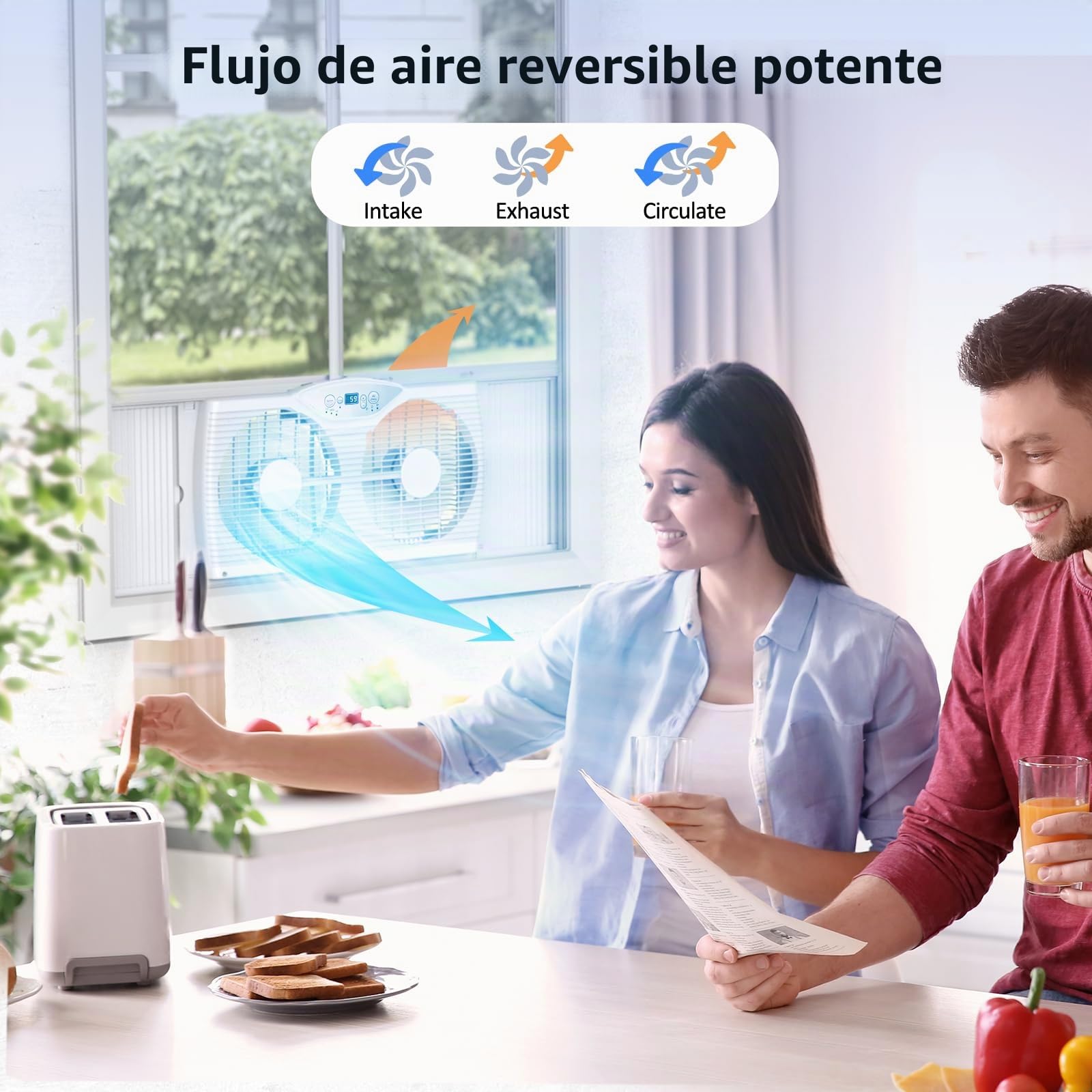 shinic Ventilador de ventana doble con control remoto, cuchillas de 9 pulgadas, flujo de aire reversible, control de termostato, 3 velocidades, 3 funciones, ancho expandible de 23.8 a 37 pulgadas,