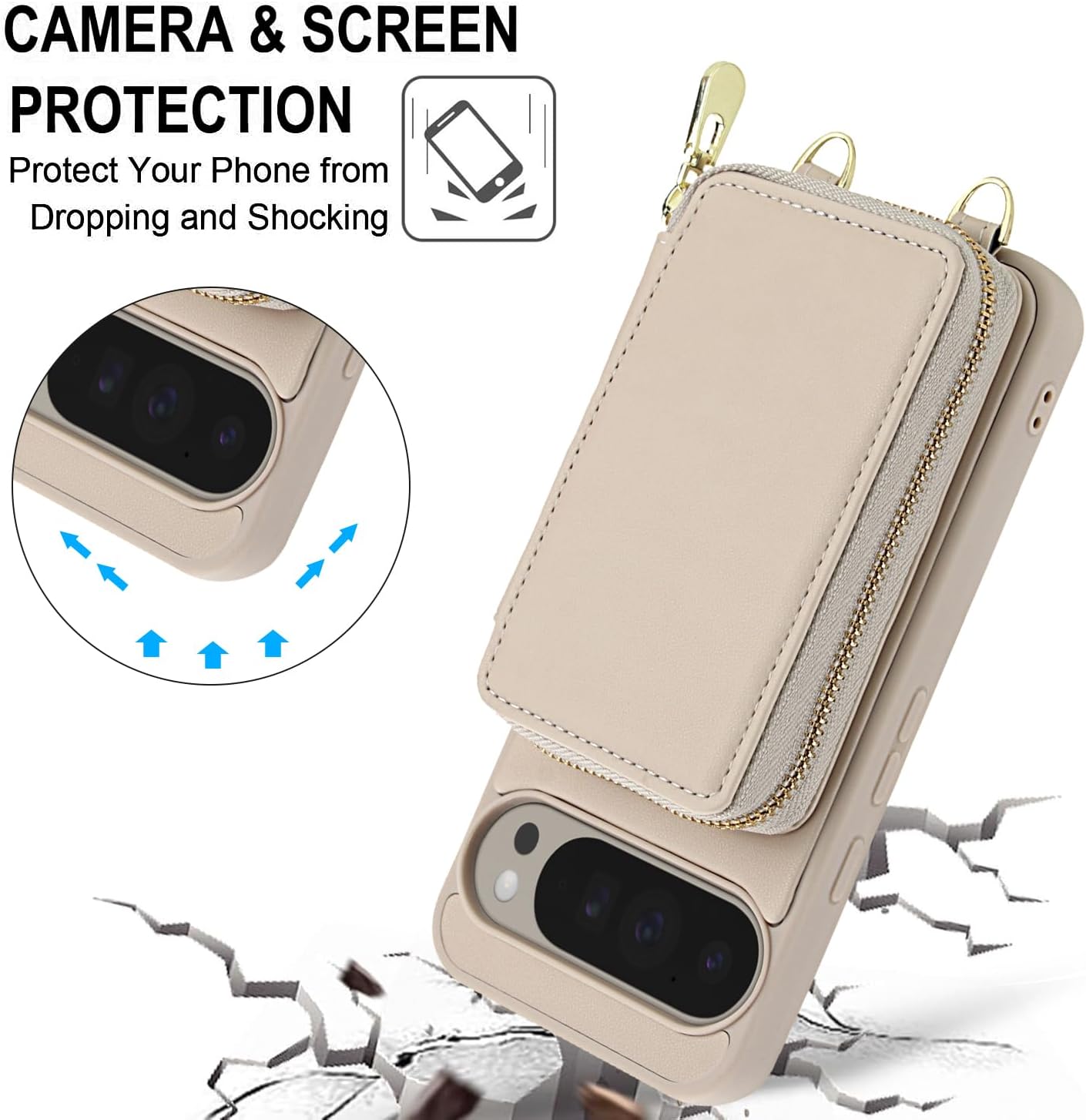 Phone Case for Google Pixel 9/9 Pro 5G Wallet Cell Cover with Tempered Glass Screen Protector Wrist Crossbody Strap Lanyard Stand RFID Blocking Credit Card Holder Pixel9 9Pro Nine Women Girls Beige