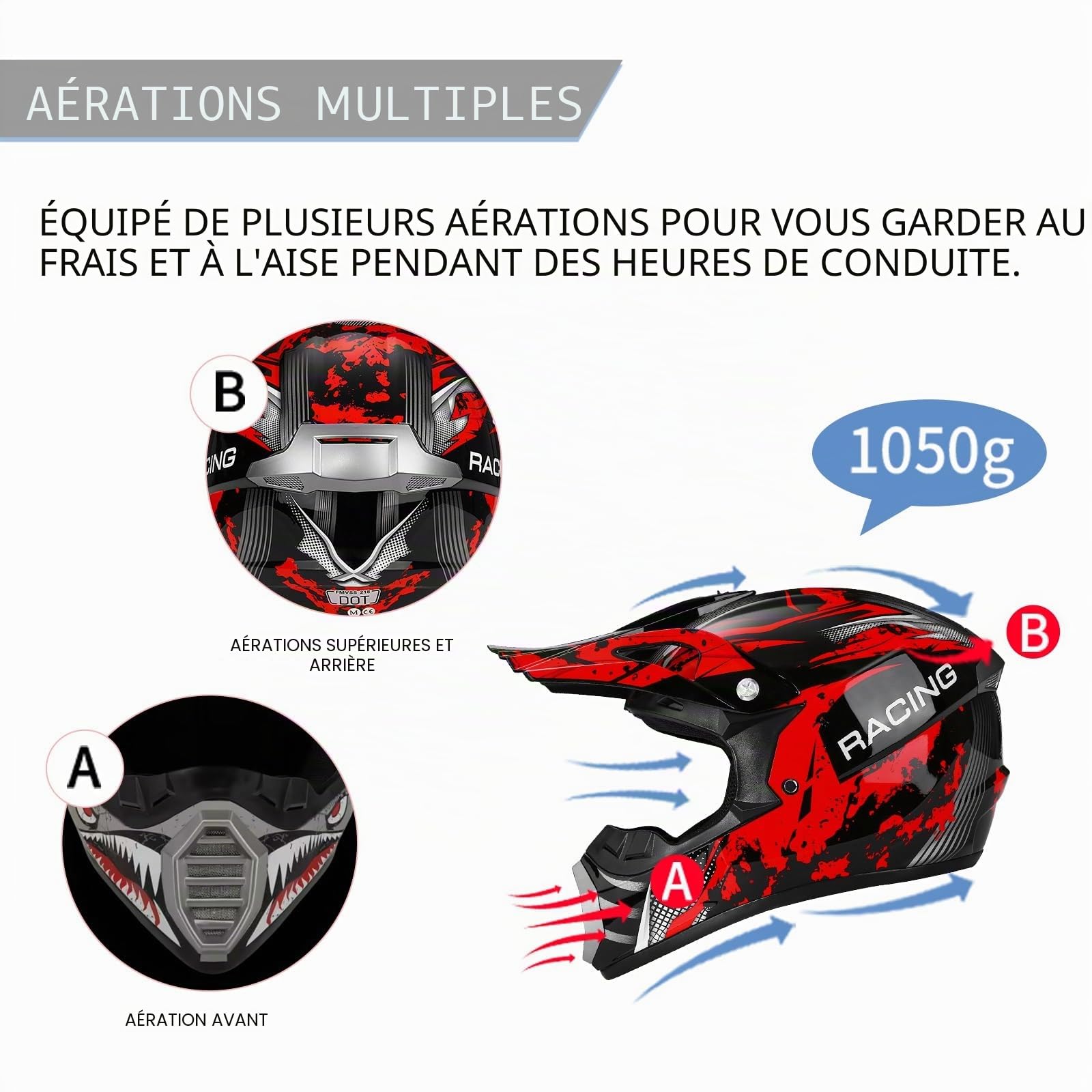 Casque Moto Enfant, Casque De Cross pour Jeunesse Casques De Moto, Casque Cycliste pour Enfants,Garçon Et Fille Scooter De Ski VTT Casque, avec Gants Lunettes Masques