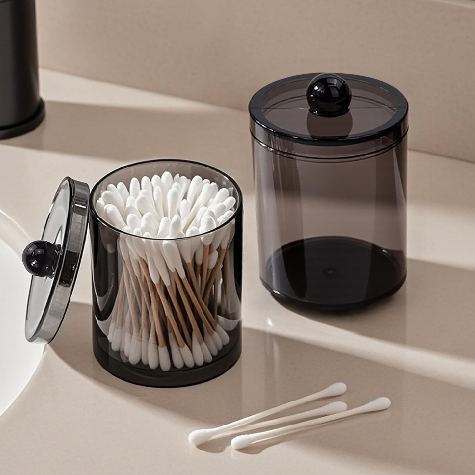 Qtip-Spender-Set aus schwarzem Kunststoff, für Badezimmer, Waschtisch und Aufbewahrung, Organisation für Wattebälle, Wattestäbchen, Wattestäbchen, Zahnseide-Picker, Haarspangen, 2 Stück