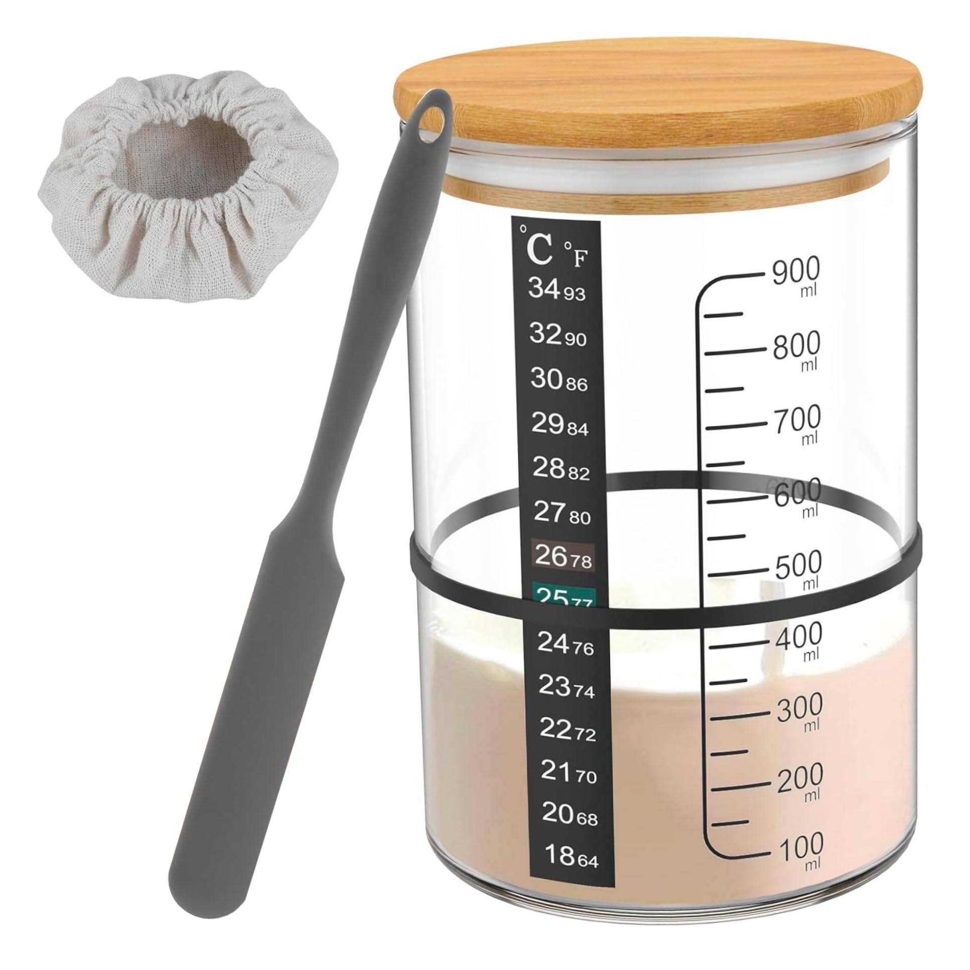 Kit iniziale per lievito naturale, barattolo iniziale per lievito naturale in vetro da 900 ml, contenitore a bocca larga, barattolo in vetro riutilizzabile con coperchio, termometro, raschietto