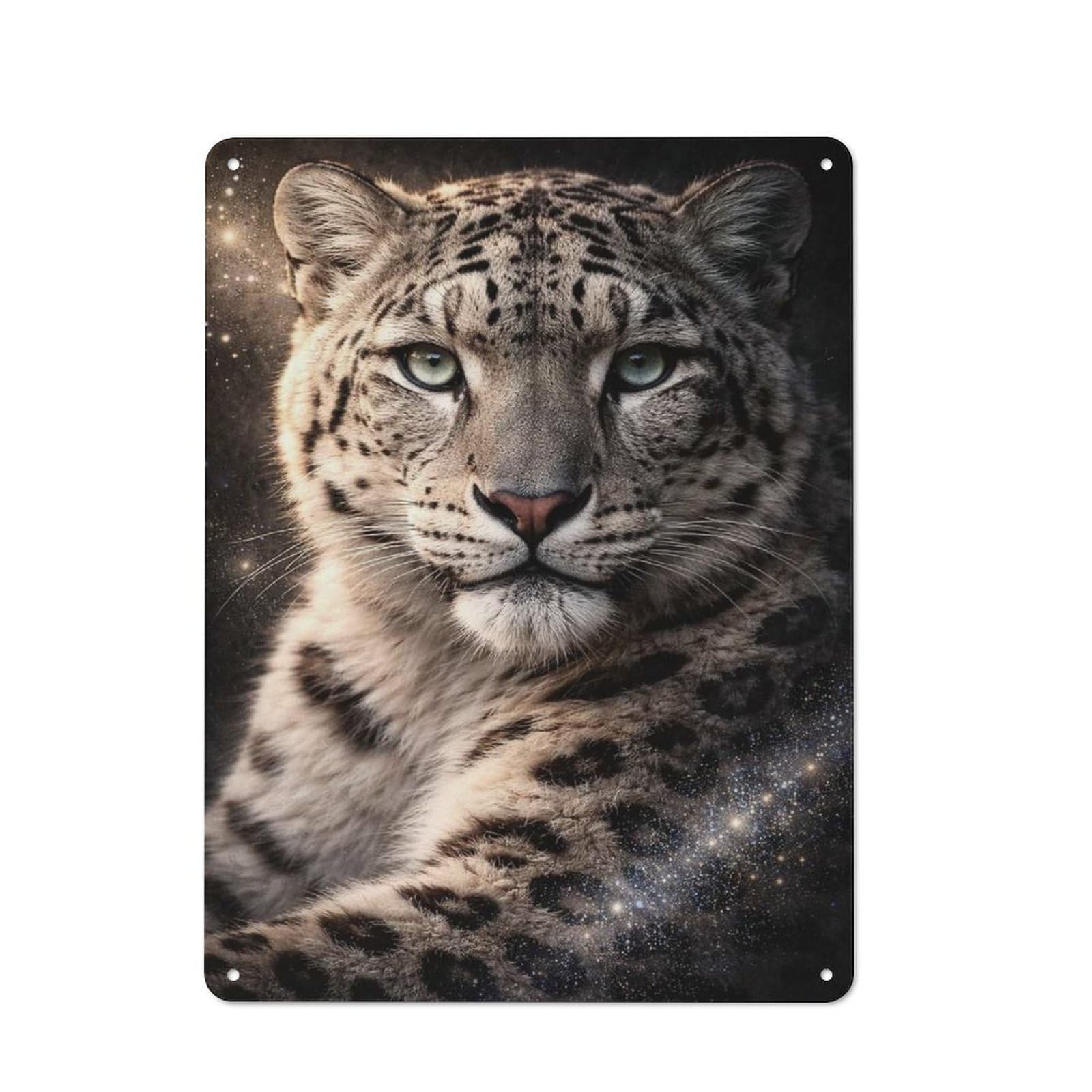 Tin Wall Plaque 40x30cm with Snow Leopard with Cosmic Background for Guest Room Or Hallway, for Updating Guest Room And Hallway after Moving