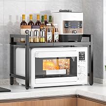 Microwave Stand, Microwave Oven Rack, Expandable Microwave Stand Countertop Kitchen Utensils Tableware Storage, Carbon Steel Over Microwave Shelf Countertop with 6 Hooks