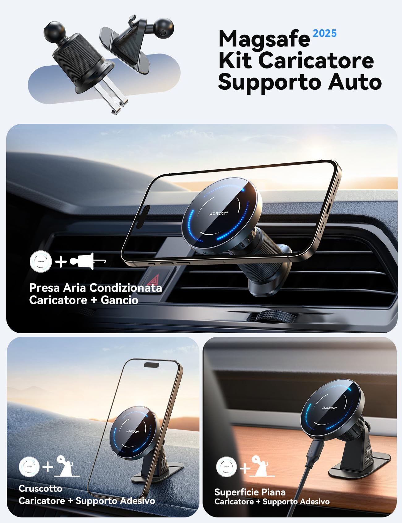 JOYROOM Magsafe Caricatore Wireless Auto Set 2 in 1 [Design Aggiornato Doppio Gancio] Ricarica Wireless Auto 15 W, Supporto Auto Magsafe Compatibile iPhone 16 Pro Max Plus/iPhone 15/14/13/12