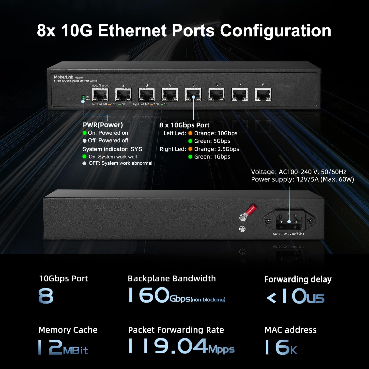 MokerLink Commutateur réseau Ethernet non-géré 10G 8 ports, 10G/5G/2,5G/1G auto-adaptatif, Plug and Play, Commutateur réseau de bureau en métal|à montage sur rack