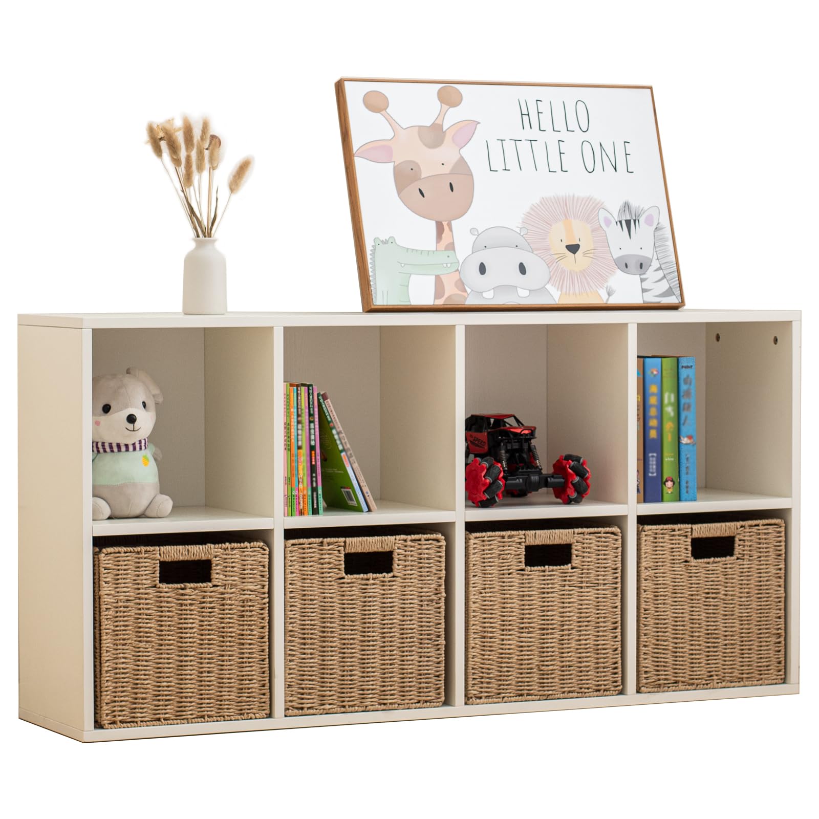 Wood 8-Compartment Storage Cabinet 8-Cube Storage Cabinet Organizer Wooden Cubby Bookshelf White 2 tier Open Cabinet Qquare Cubby Shelf for Home