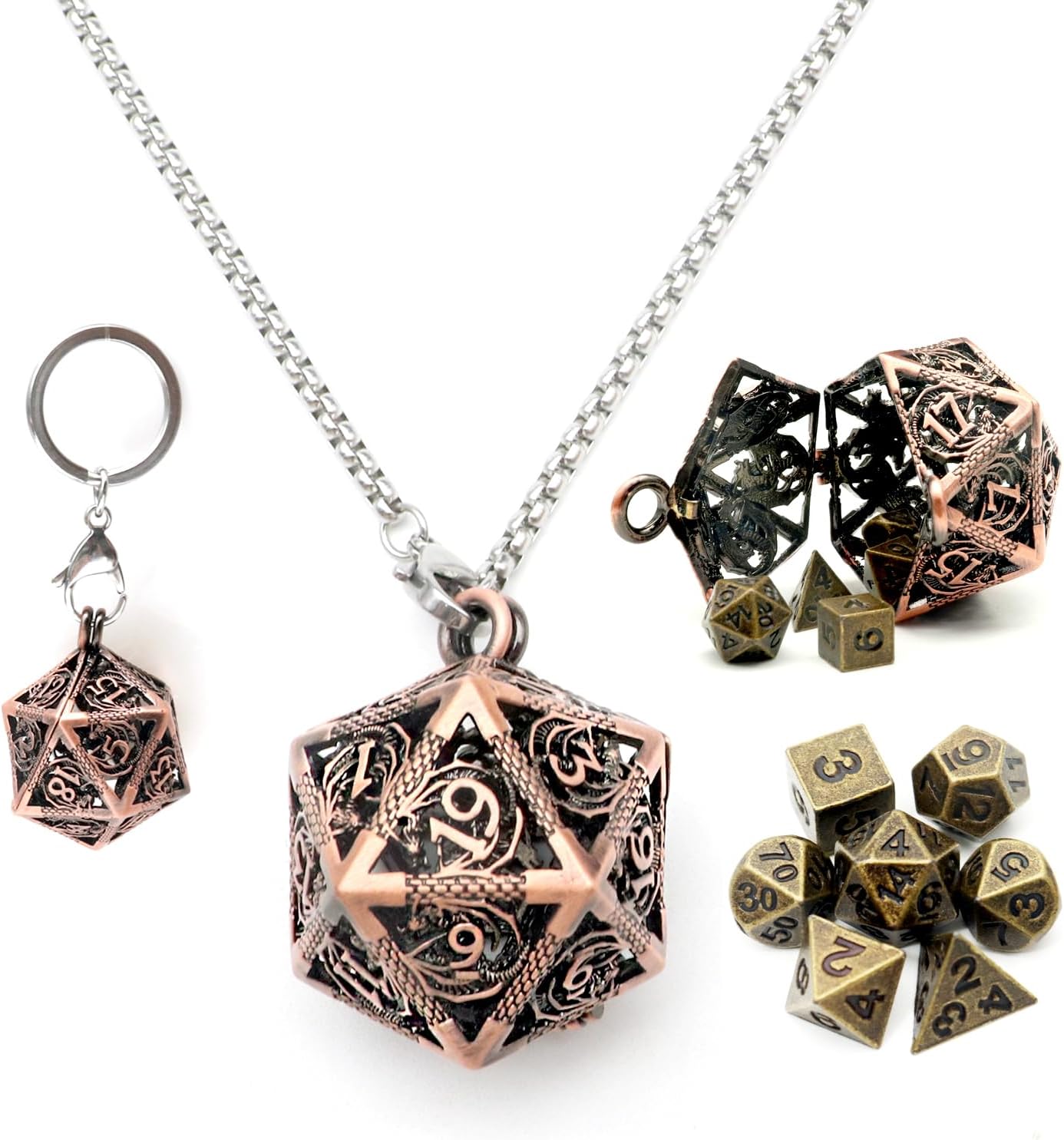 Haxtec Mini Metal DND Dice Set with Hollow Necklace Dice Case Antique Tiny Metal Dice Set D&D Keychain Portable 7PCS Dice Set