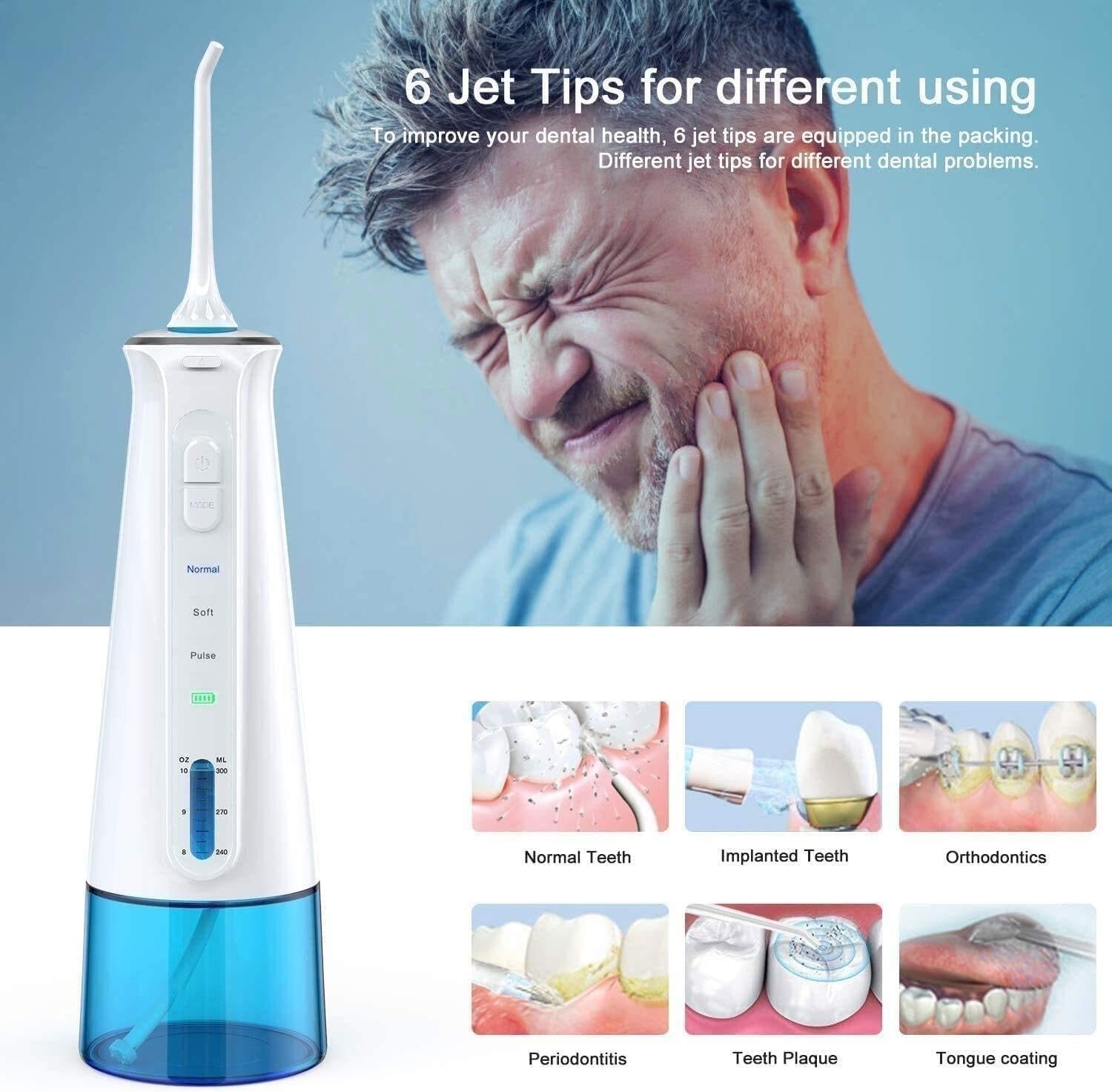 Irrigador bucal portátil con 3 Modos, 6 boquillas reemplazables, Recargable, Impermeable, Ideal for el hogar y Viajes, depósito extraíble de 300 ml.