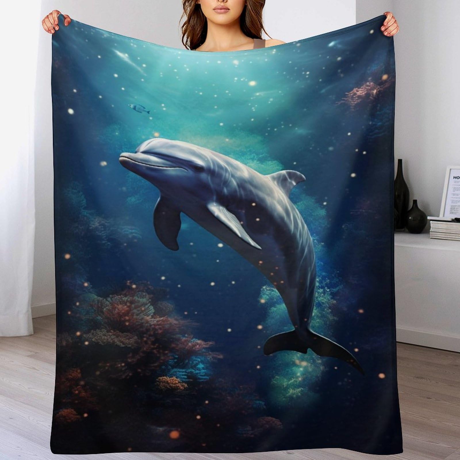 Couverture polaire dauphins linge de lit chaud couvre-lit flannel douce 150x200cm plaid canape
