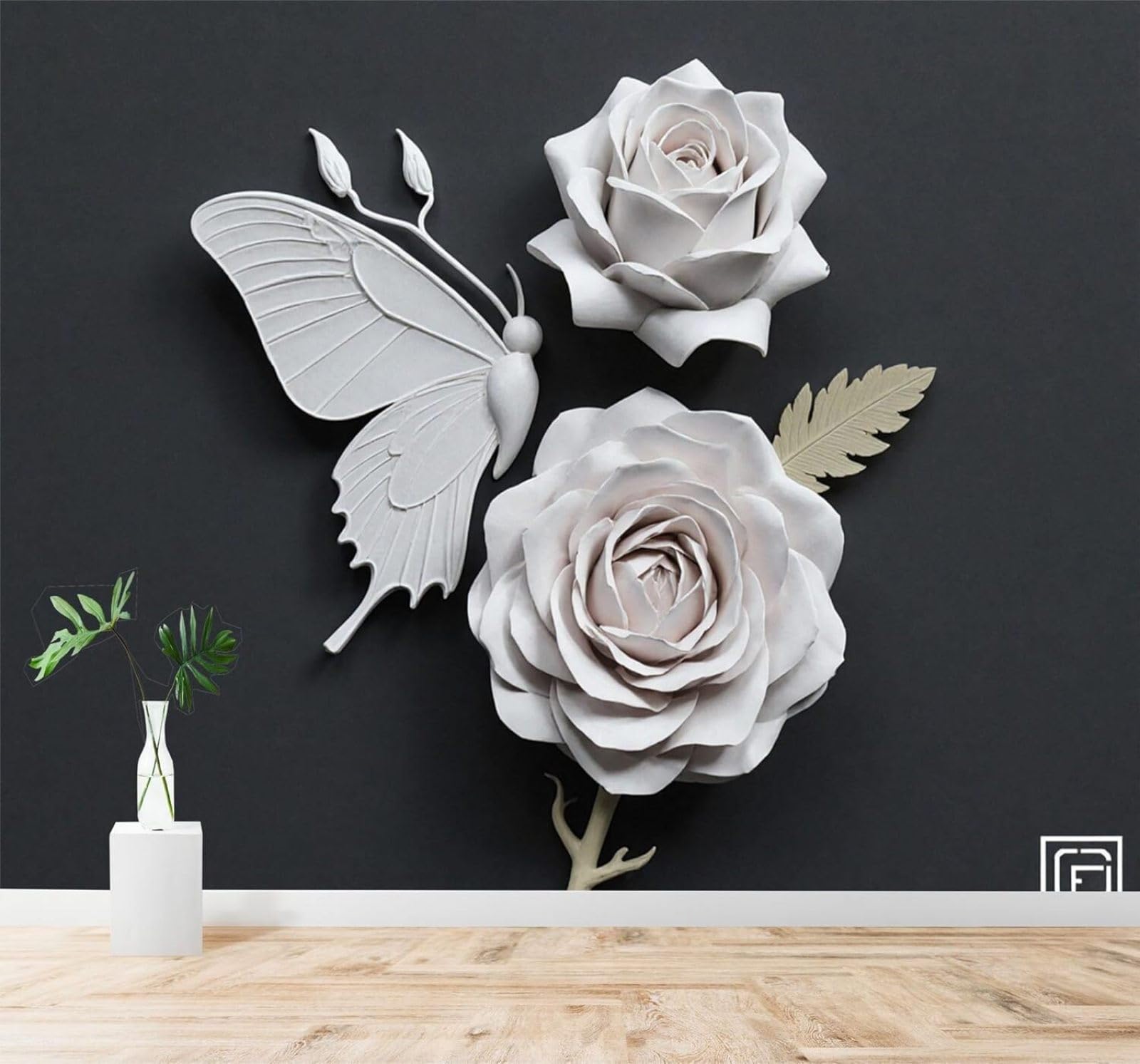XLMING Minimalist White Roses Leaves Butterflies Dark Tones 3D Wallpaper Silky Texture Home Study Office Grey Dining Room Sofa Bedroom Living Room TV Backdrop-350cm×256cm