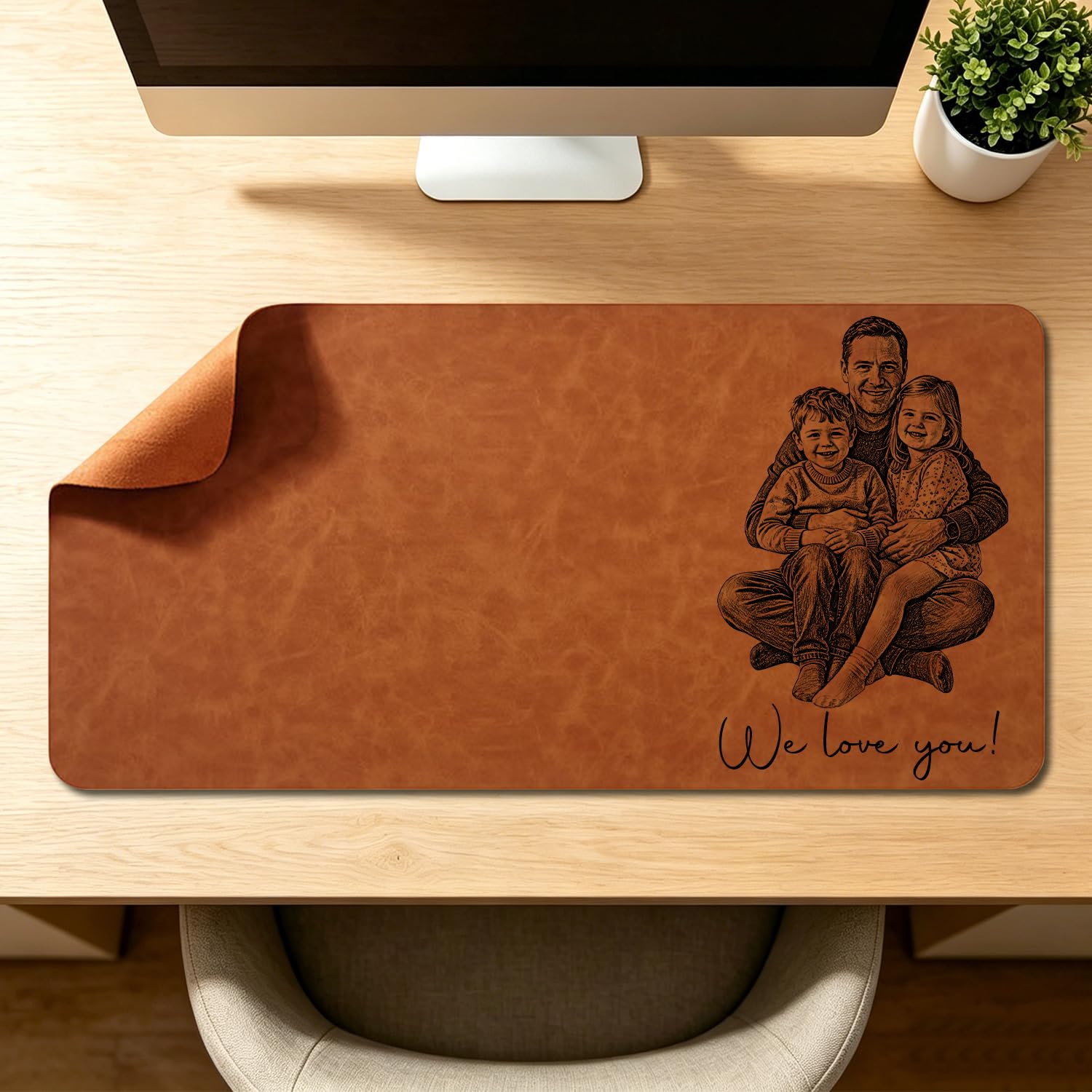 We Love You Dad Personalize Sketch Photo Portrait Line Art Leather Desk Mat for Dad, Custom Sketch Portrait from Photo Picture Fathers Day Leather Mouse Pad Desk Mat for Daddy, Papa