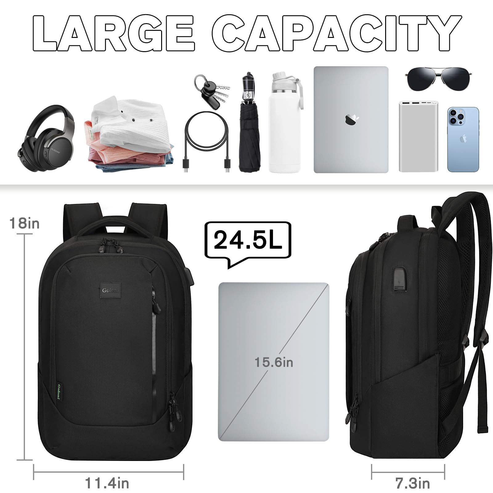 Goloni Zaino leggero e casual per computer portatile, borsa da viaggio classica, con porta di ricarica USB, per uomini e donne